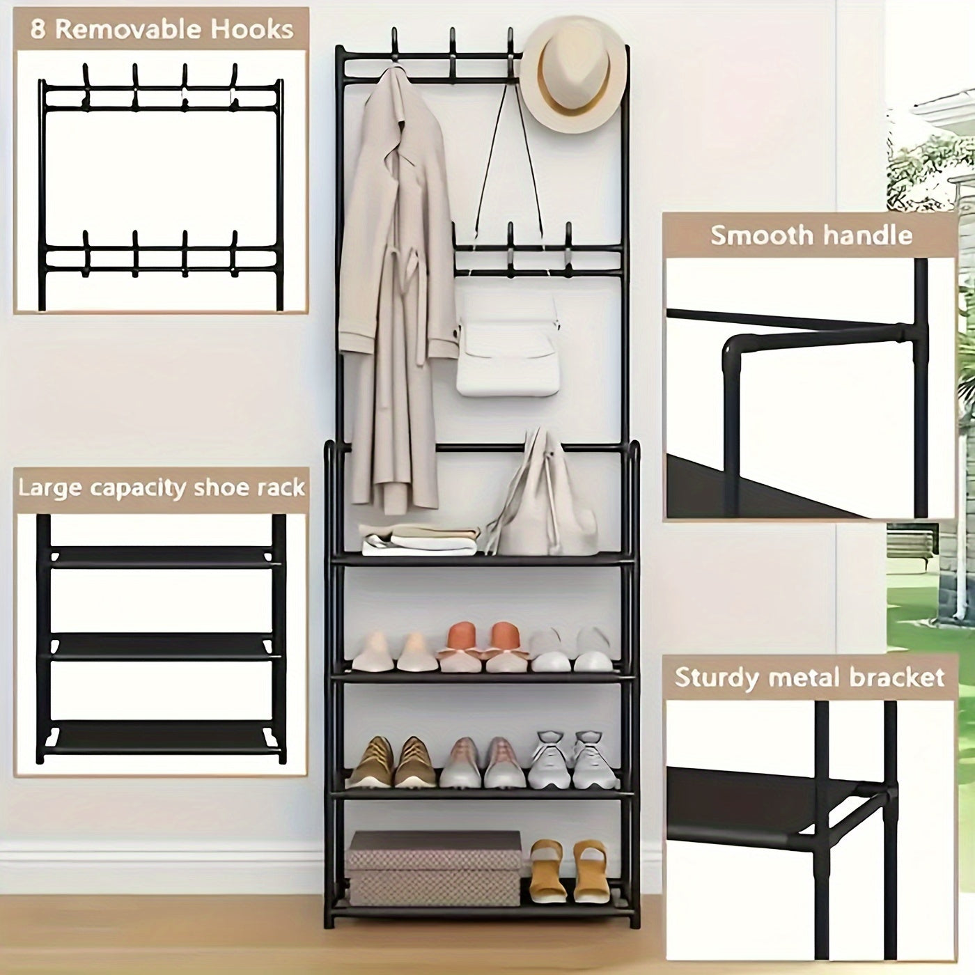 2-in-1 Entryway Organizer with 8 Double Hooks -: Shoe Rack & Coat Hanger Combo with Hooks, Durable Plastic/Metal Freestanding Storage for Shoes, Clothes, Bags, Hats - Space-Saving Black Home Furniture for Bedroom, Hallway, Sh