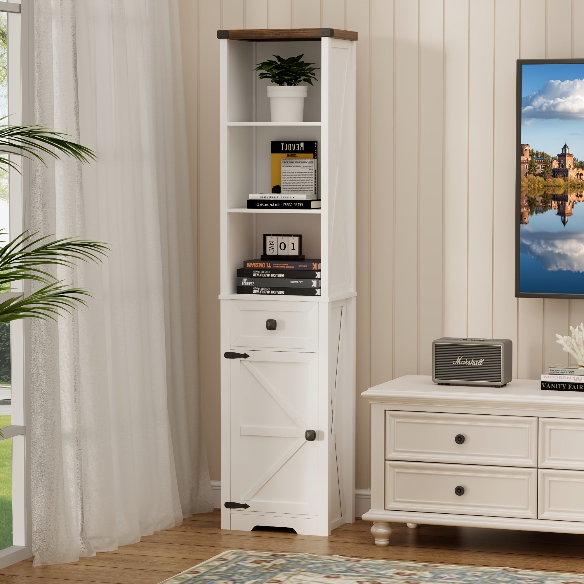 HWB Furniture White Tall Narrow Bookshelf With Doors & Shelves & Drawer, Farmhouse Vintage Bookcases With Storage Cabinet, 16" W X 63" H X 12" D Wooden Book Case Display For Bedroom, Living Room, White