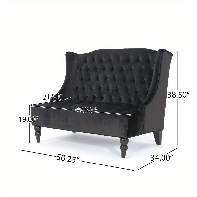 1pc Tufted Velvet Loveseat Sofa, Classic Chesterfield Style, Upholstered Settee Couch For Living Room Or Bedroom, Black, Elegant Home Furniture