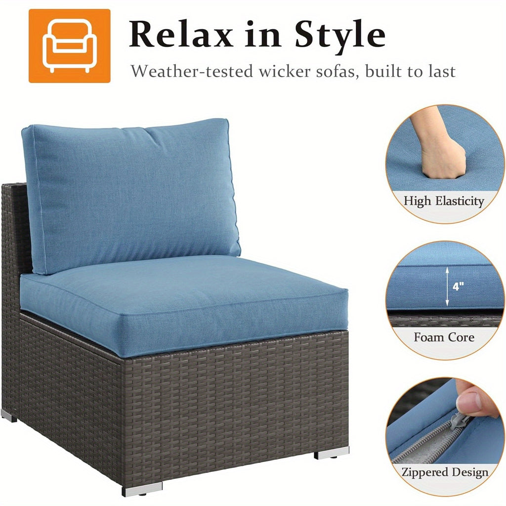 2 Piece Patio Armless Sofa, Outdoor Wicker Sectional Furniture with Cushion, Additional Loveseats for Garden Backyard