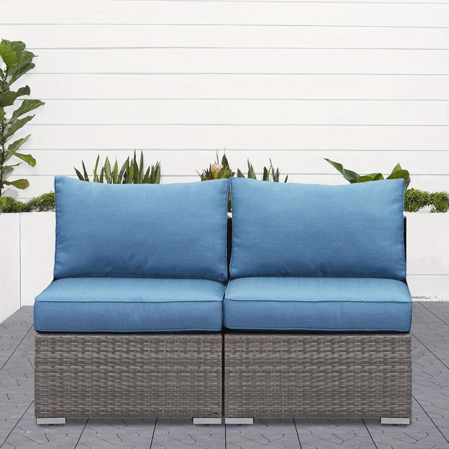 2 Piece Patio Armless Sofa, Outdoor Wicker Sectional Furniture with Cushion, Additional Loveseats for Garden Backyard