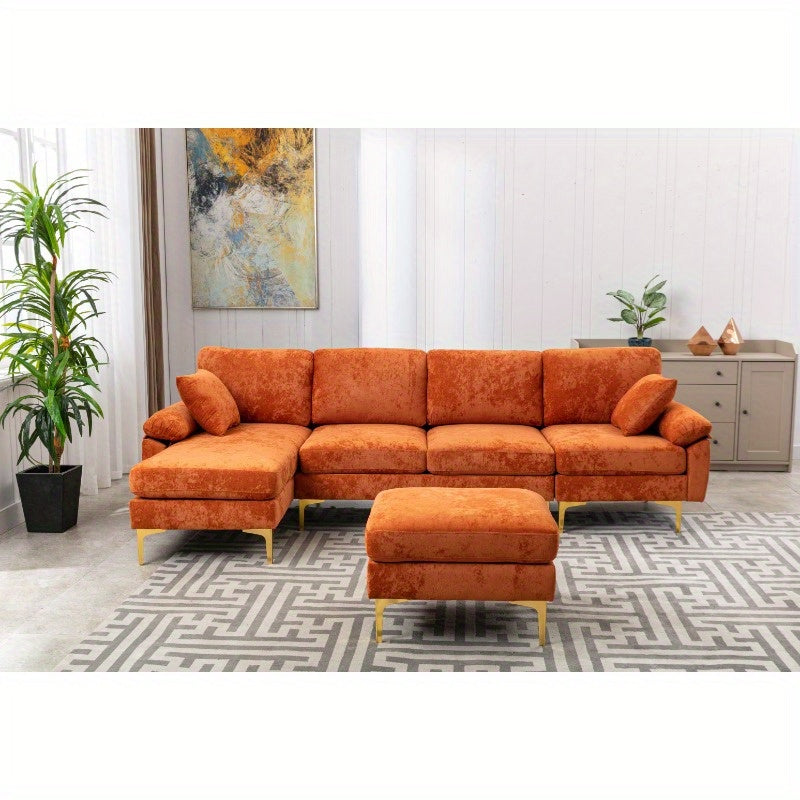 COOLMORE U-shape sectional sofa with Ottoman, Reversible Sofa Couch for Living Room, Spacious Furniture, Durable Couch Removable and machine washable cover (Orange Velvet)