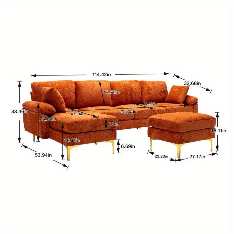 COOLMORE U-shape sectional sofa with Ottoman, Reversible Sofa Couch for Living Room, Spacious Furniture, Durable Couch Removable and machine washable cover (Orange Velvet)
