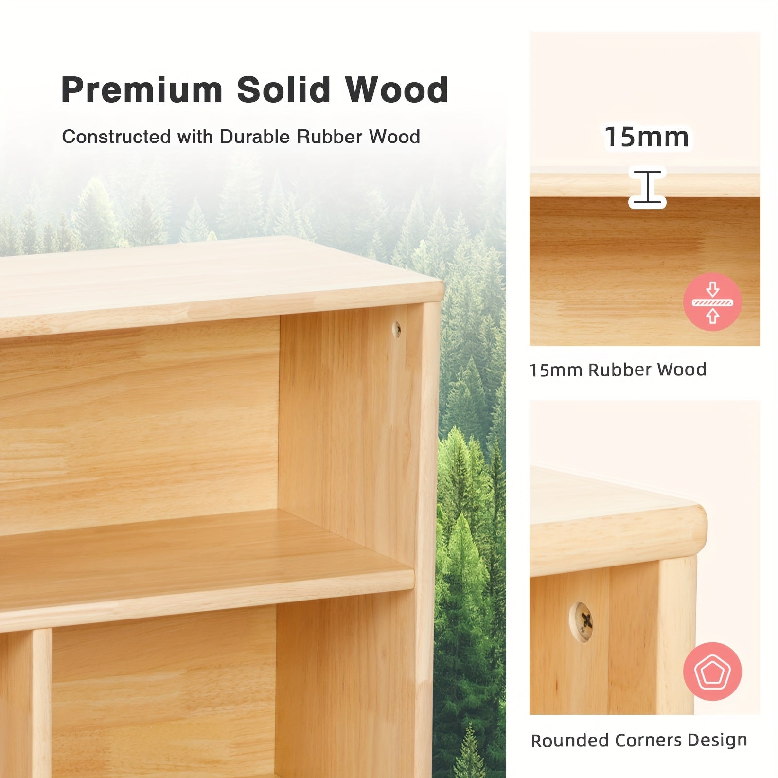 All Solid Rubber Wood Shelf - 5-Compartment 43.3" Long White Oak Storage Cabinet, Natural Yellow Finish for Playroom, Nursery, Classroom & Kindergarten Organization, Neutral Tone Furniture, Sturdy Construction for Christmas a