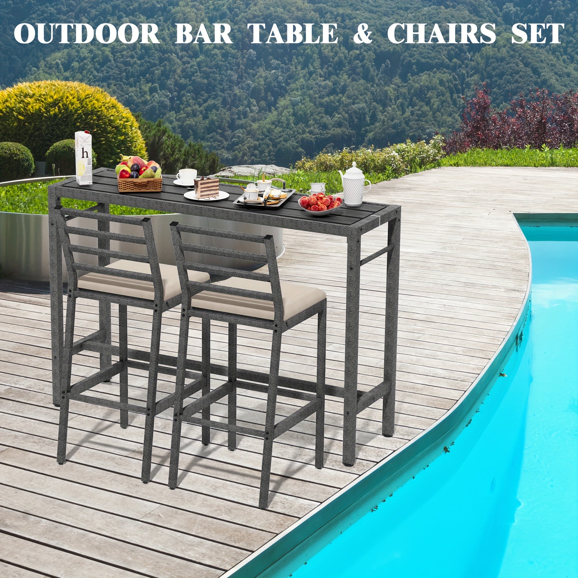 3Pcs Patio Outdoor Bar Table And Chairs Set, Metal High Top Patio Table And Chairs Set With Cushion, Outdoor Tiki Bar Stools Set, Patio Bar Set Outdoor Bar Table Set, Outdoor Pub Furniture Patio Bar And Stools Set For Backyar