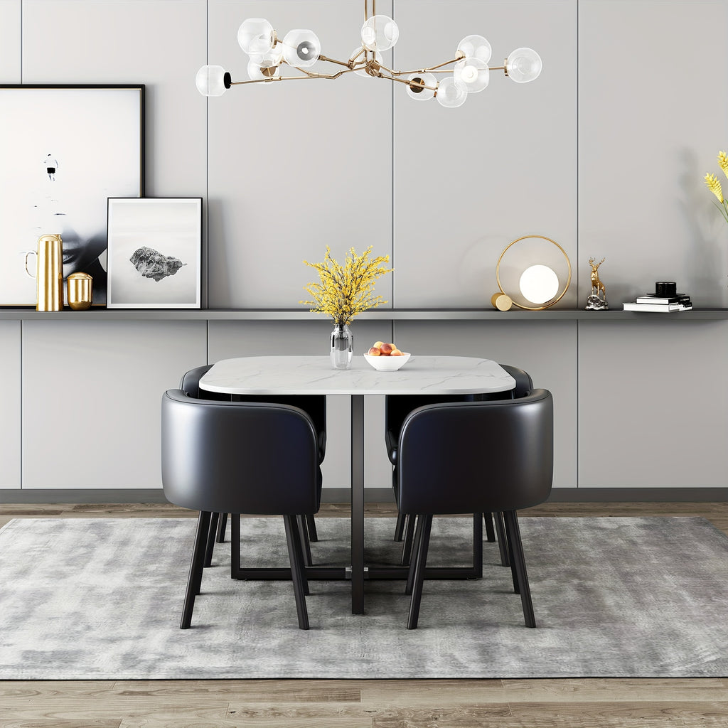 5-Piece Modern Square Dining Set - Tables with 39.4-inch White Imitation Marble Top and 4 Black PU Leather Chairs - Space-Saving Furniture for Compact Dining Rooms