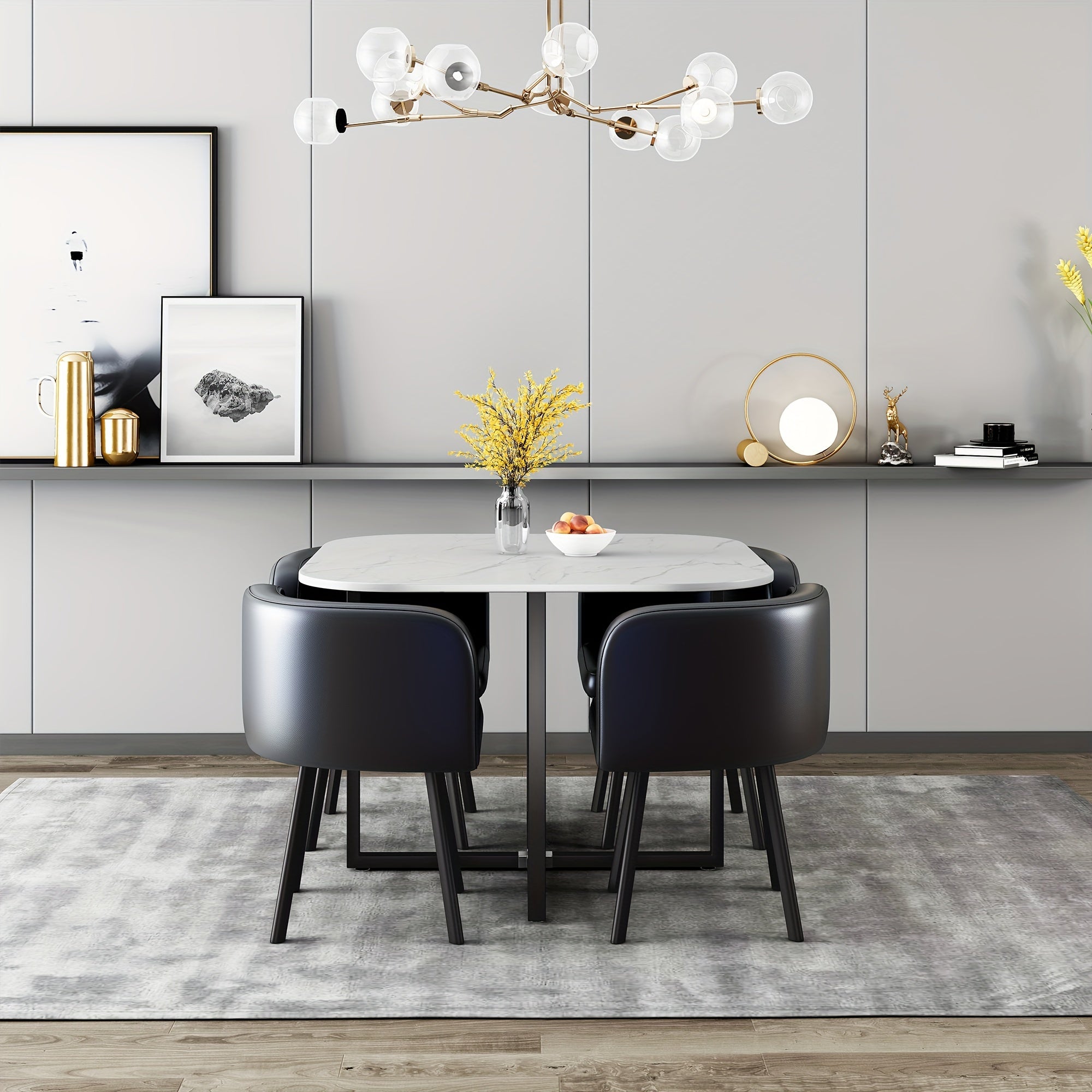 5-Piece Modern Square Dining Set - Tables with 39.4-inch White Imitation Marble Top and 4 Black PU Leather Chairs - Space-Saving Furniture for Compact Dining Rooms