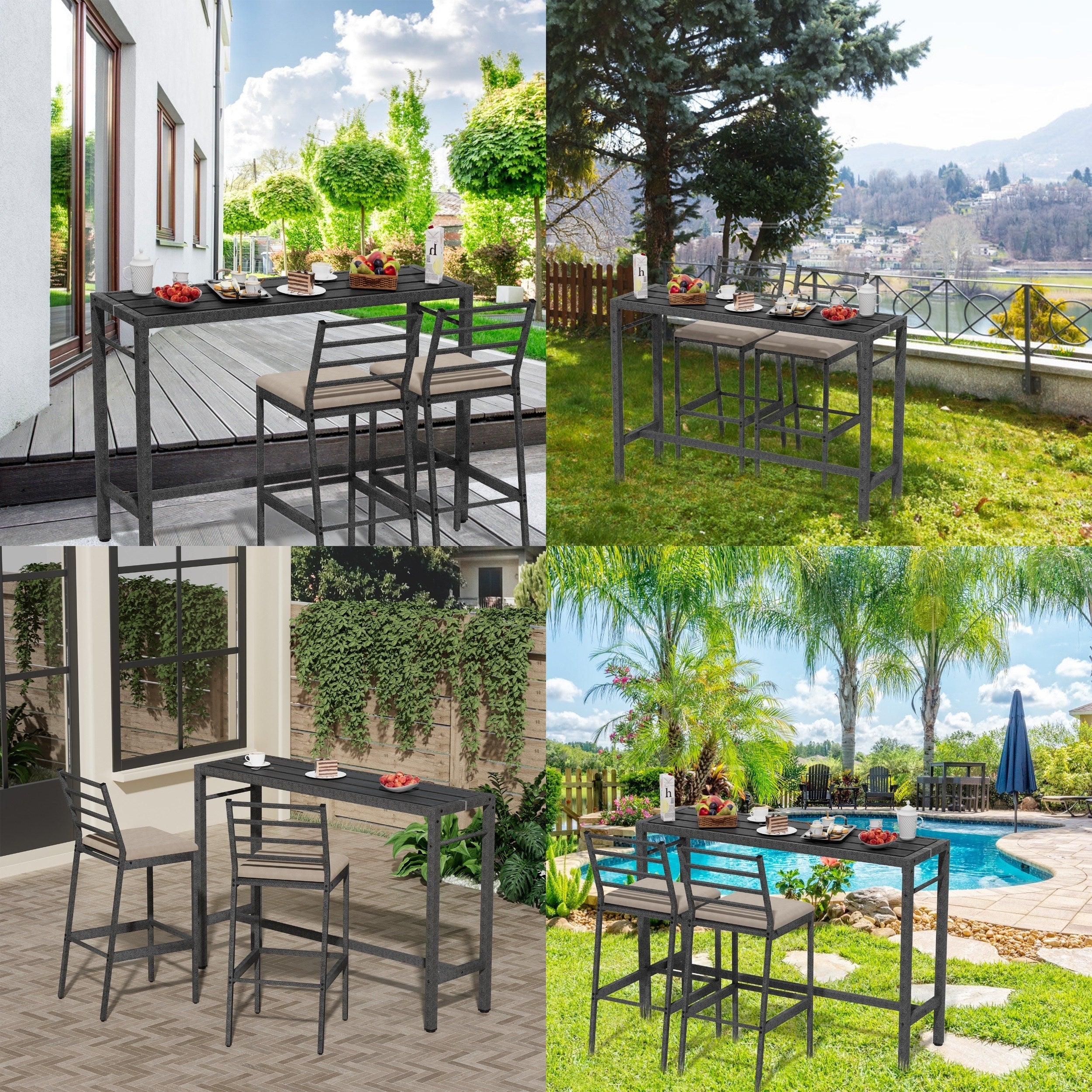 3Pcs Patio Outdoor Bar Table And Chairs Set, Metal High Top Patio Table And Chairs Set With Cushion, Outdoor Tiki Bar Stools Set, Patio Bar Set Outdoor Bar Table Set, Outdoor Pub Furniture Patio Bar And Stools Set For Backyar