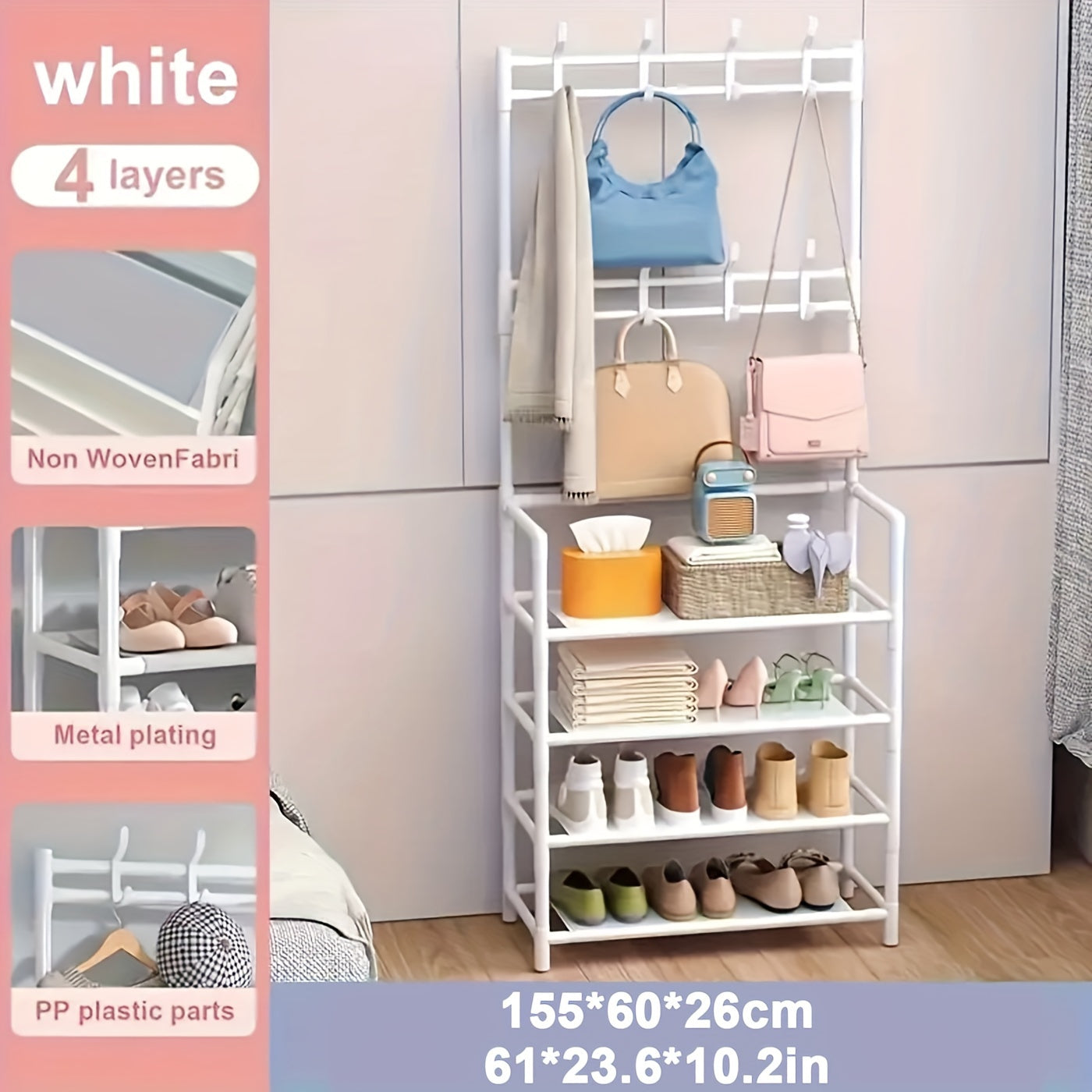 2-in-1 Entryway Organizer with 8 Double Hooks -: Shoe Rack & Coat Hanger Combo with Hooks, Durable Plastic/Metal Freestanding Storage for Shoes, Clothes, Bags, Hats - Space-Saving Black Home Furniture for Bedroom, Hallway, Sh