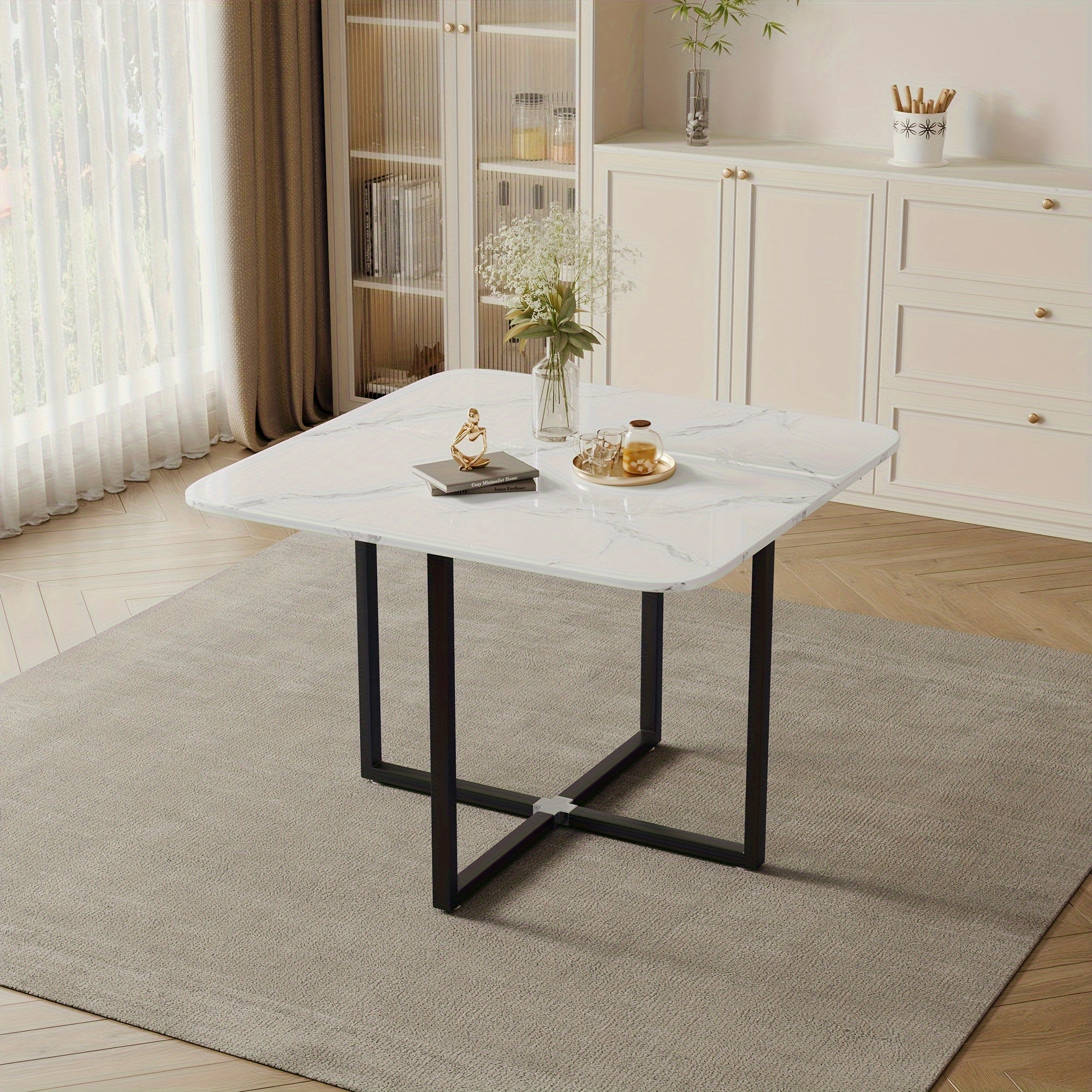5-Piece Modern Square Dining Set - Tables with 39.4-inch White Imitation Marble Top and 4 Black PU Leather Chairs - Space-Saving Furniture for Compact Dining Rooms