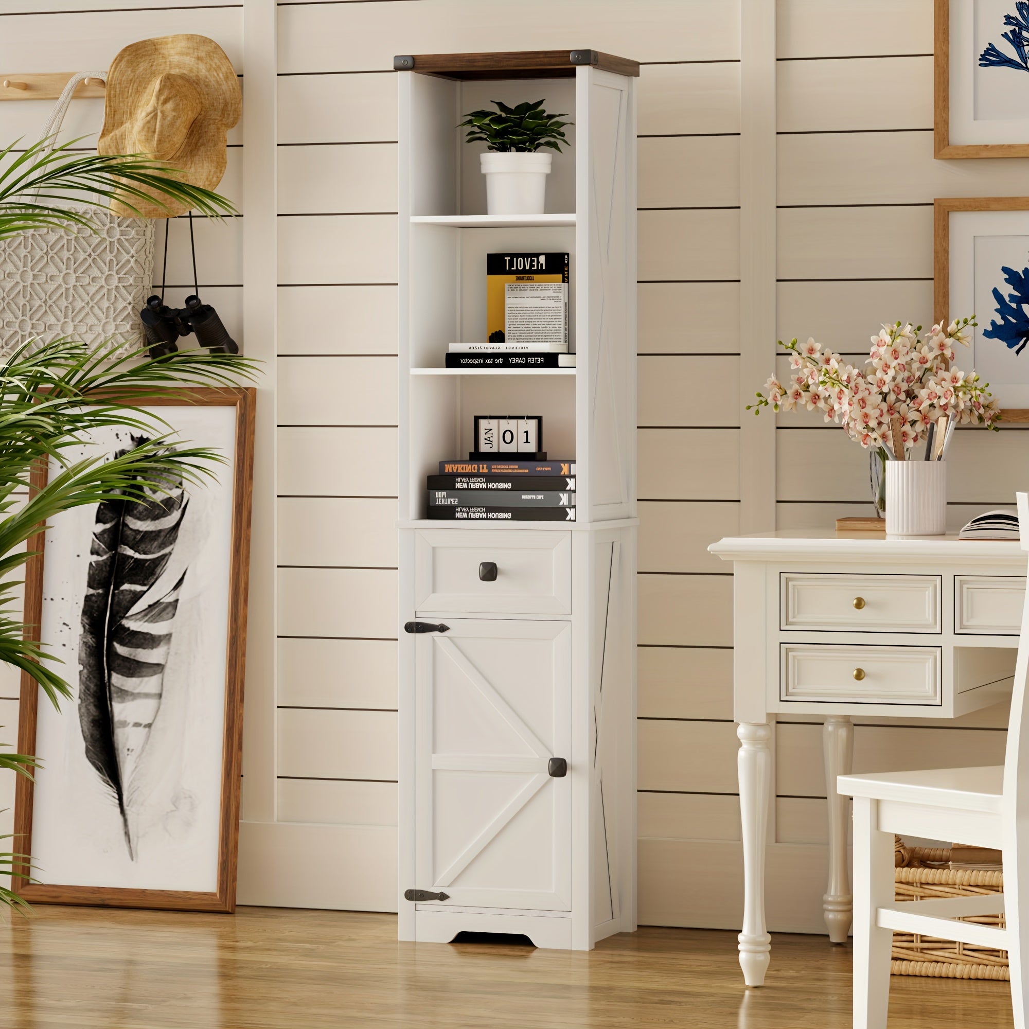 HWB Furniture White Tall Narrow Bookshelf With Doors & Shelves & Drawer, Farmhouse Vintage Bookcases With Storage Cabinet, 16" W X 63" H X 12" D Wooden Book Case Display For Bedroom, Living Room, White