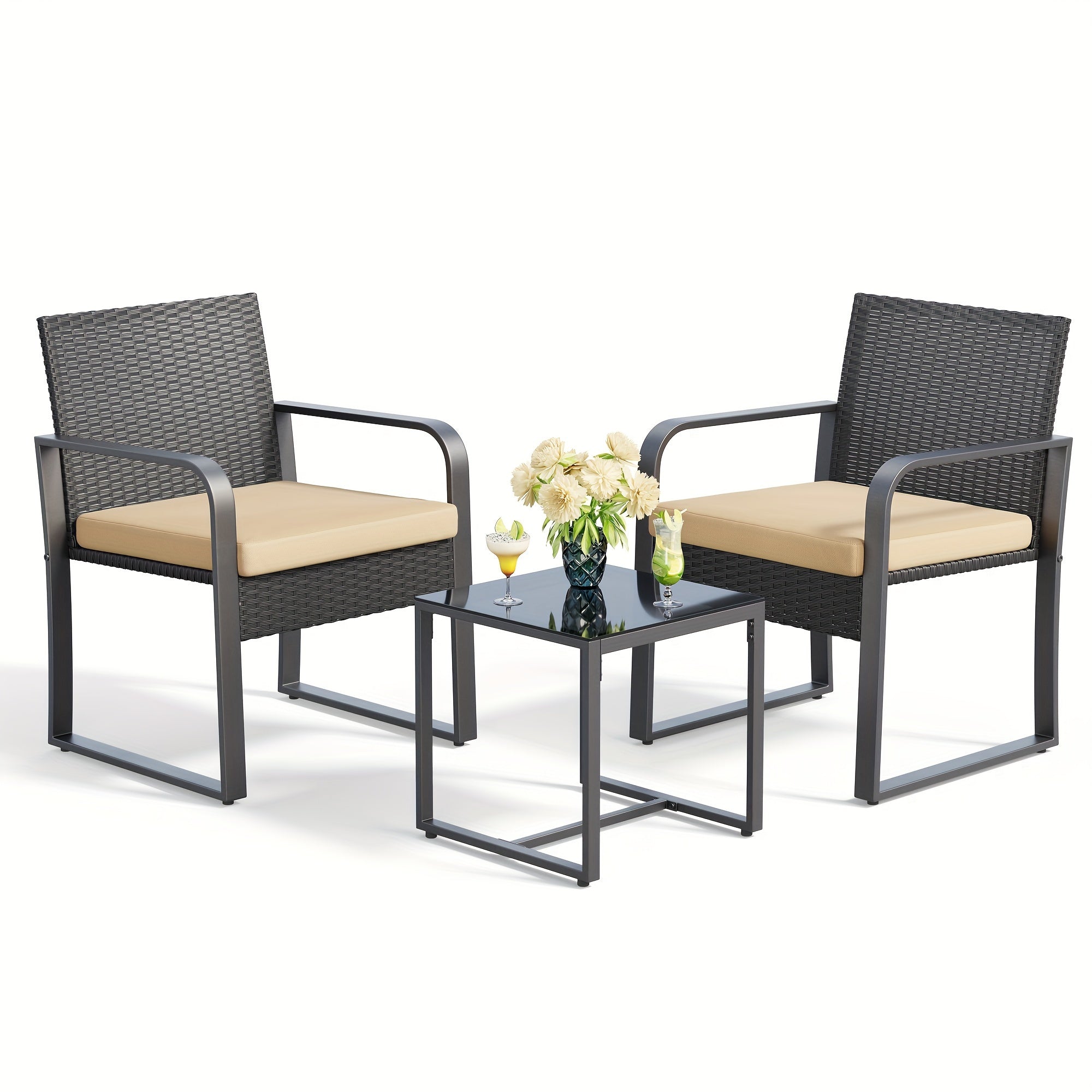 3 Pieces Patio Bistro Sets, Outdoor Rattan Conversation With Glass Table, Wicker Furniture Set With Cushion, For Backyard, Porch, Poolside, Lawn, Beige