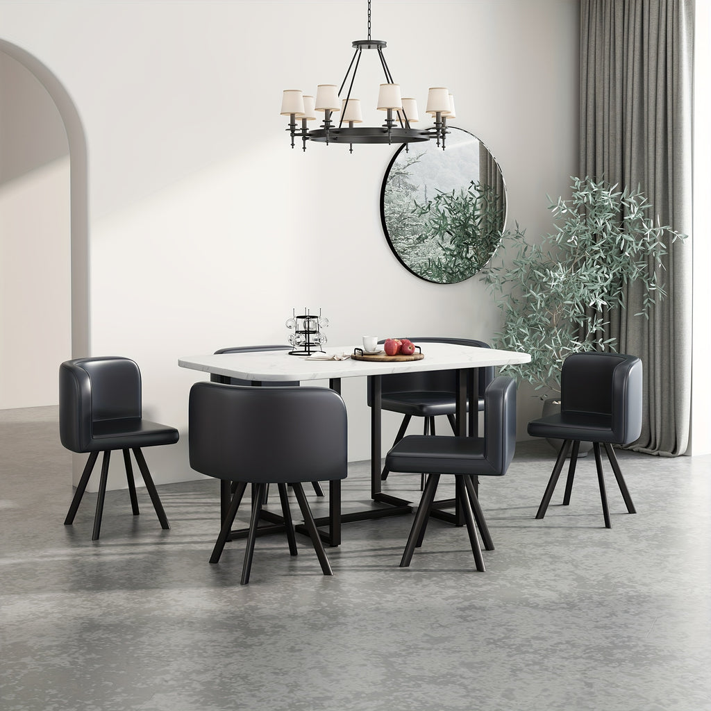5-Piece Modern Square Dining Set - Tables with 39.4-inch White Imitation Marble Top and 4 Black PU Leather Chairs - Space-Saving Furniture for Compact Dining Rooms