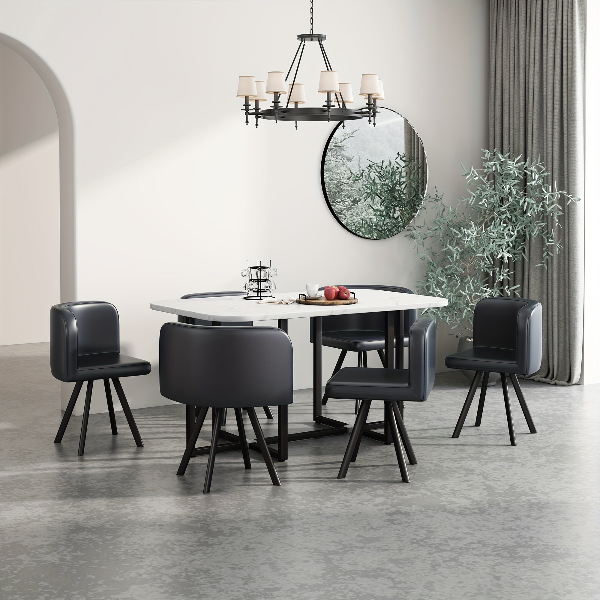 5-Piece Modern Square Dining Set - Tables with 39.4-inch White Imitation Marble Top and 4 Black PU Leather Chairs - Space-Saving Furniture for Compact Dining Rooms