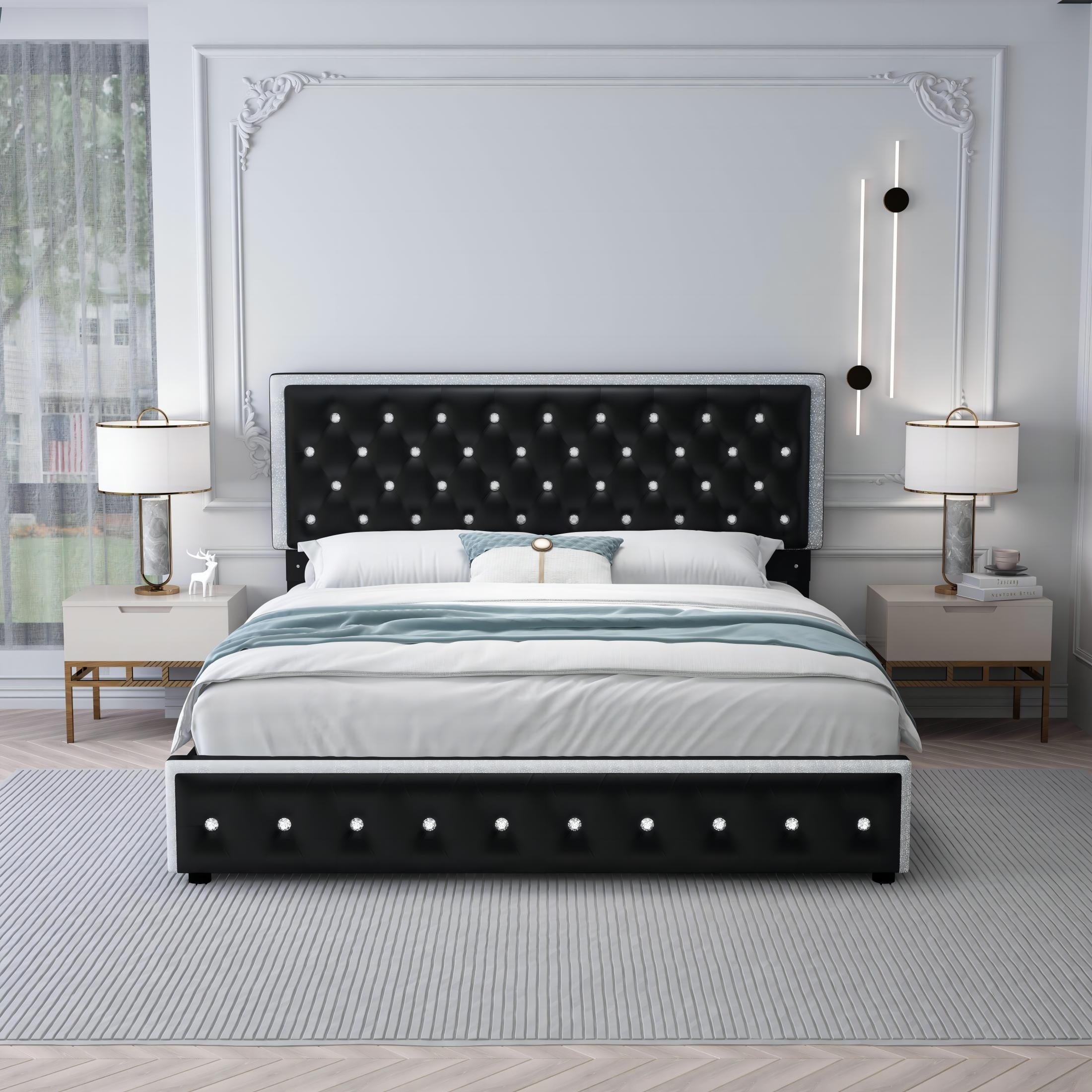 Sibeds Queen Size Upholstered LED Bed Frame With Storage Drawers, King Size Platform Storage Full Bed With Crystal Button Tufted Headboard And Solid Slats Support, Noise Free, No Box Spring Needed, PU Luxury Beds Girls Men's