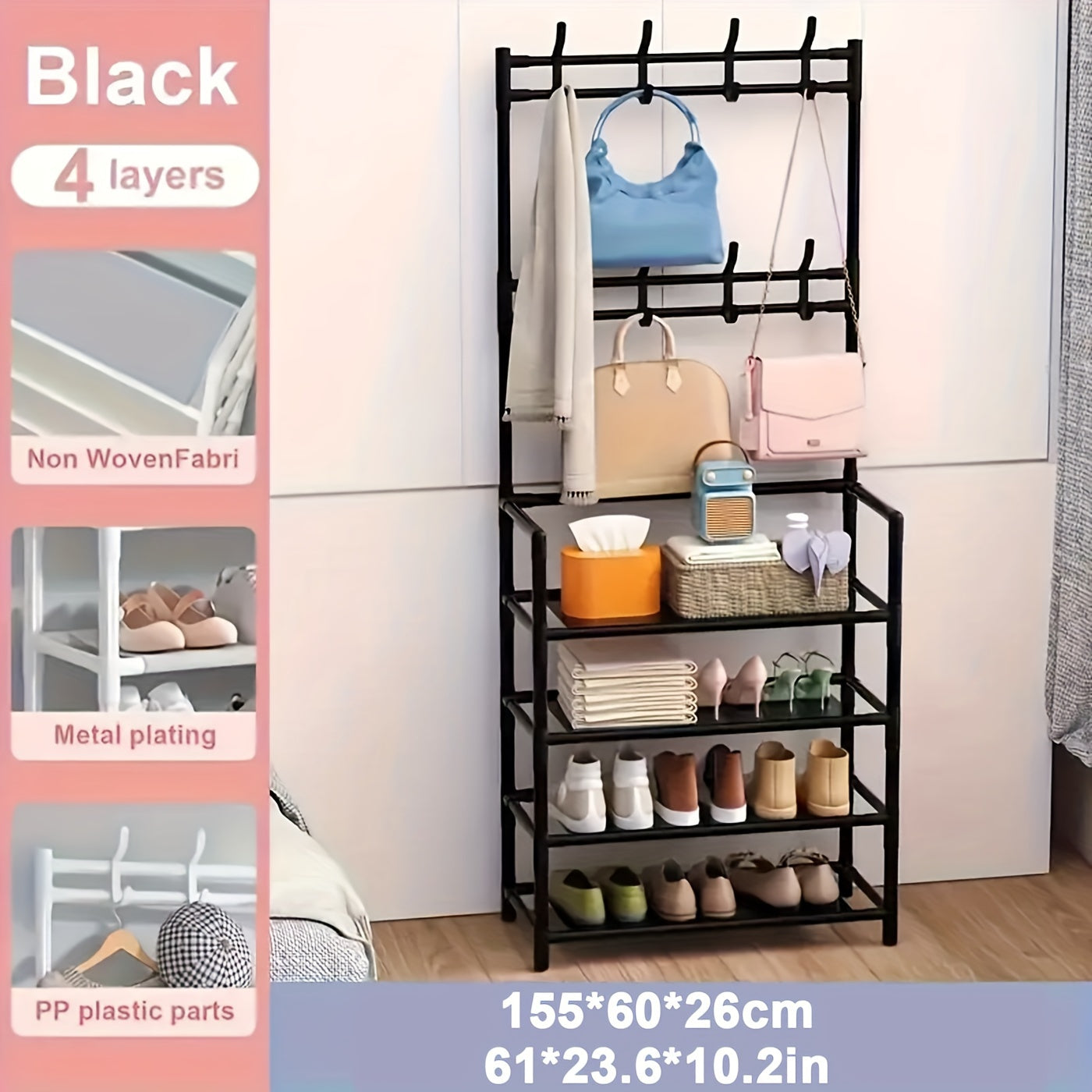 2-in-1 Entryway Organizer with 8 Double Hooks -: Shoe Rack & Coat Hanger Combo with Hooks, Durable Plastic/Metal Freestanding Storage for Shoes, Clothes, Bags, Hats - Space-Saving Black Home Furniture for Bedroom, Hallway, Sh