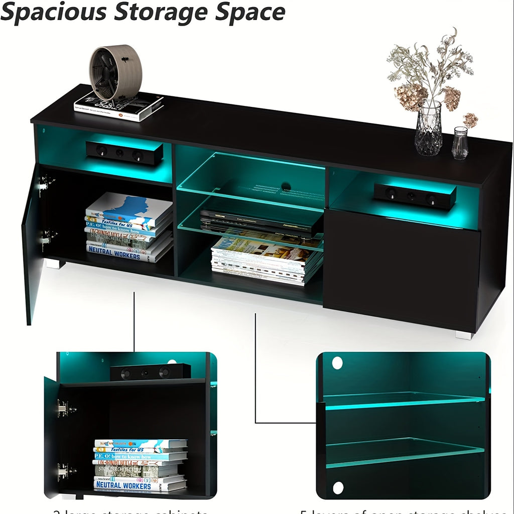 1pc High Glossy LED TV Stand For 55 65 Inch TV, Modern LED Entertainment Center With Adjustable Storage Shelves, Game Console TV Table Media Furniture With RGB LED 20 Color Lighting