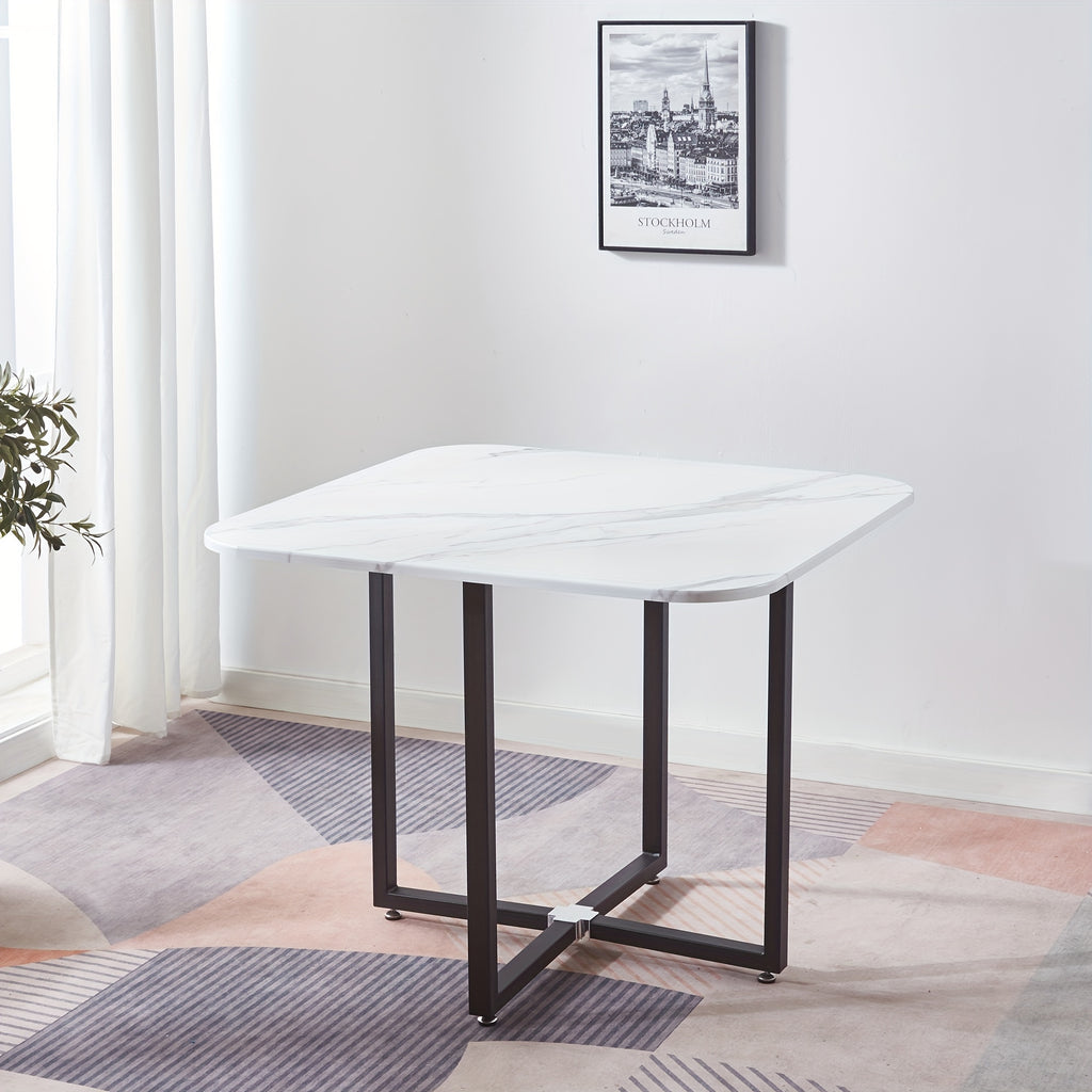5-Piece Modern Square Dining Set - Tables with 39.4-inch White Imitation Marble Top and 4 Black PU Leather Chairs - Space-Saving Furniture for Compact Dining Rooms