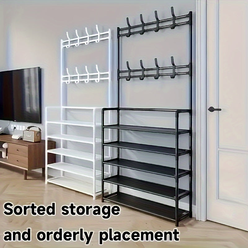 2-in-1 Entryway Organizer with 8 Double Hooks -: Shoe Rack & Coat Hanger Combo with Hooks, Durable Plastic/Metal Freestanding Storage for Shoes, Clothes, Bags, Hats - Space-Saving Black Home Furniture for Bedroom, Hallway, Sh