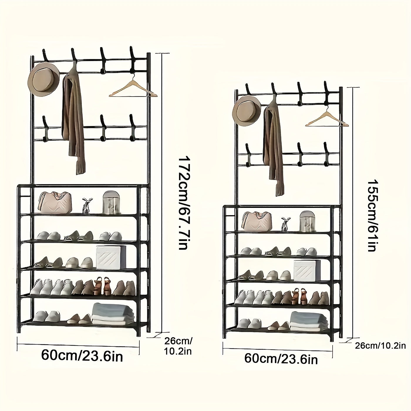 2-in-1 Entryway Organizer with 8 Double Hooks -: Shoe Rack & Coat Hanger Combo with Hooks, Durable Plastic/Metal Freestanding Storage for Shoes, Clothes, Bags, Hats - Space-Saving Black Home Furniture for Bedroom, Hallway, Sh