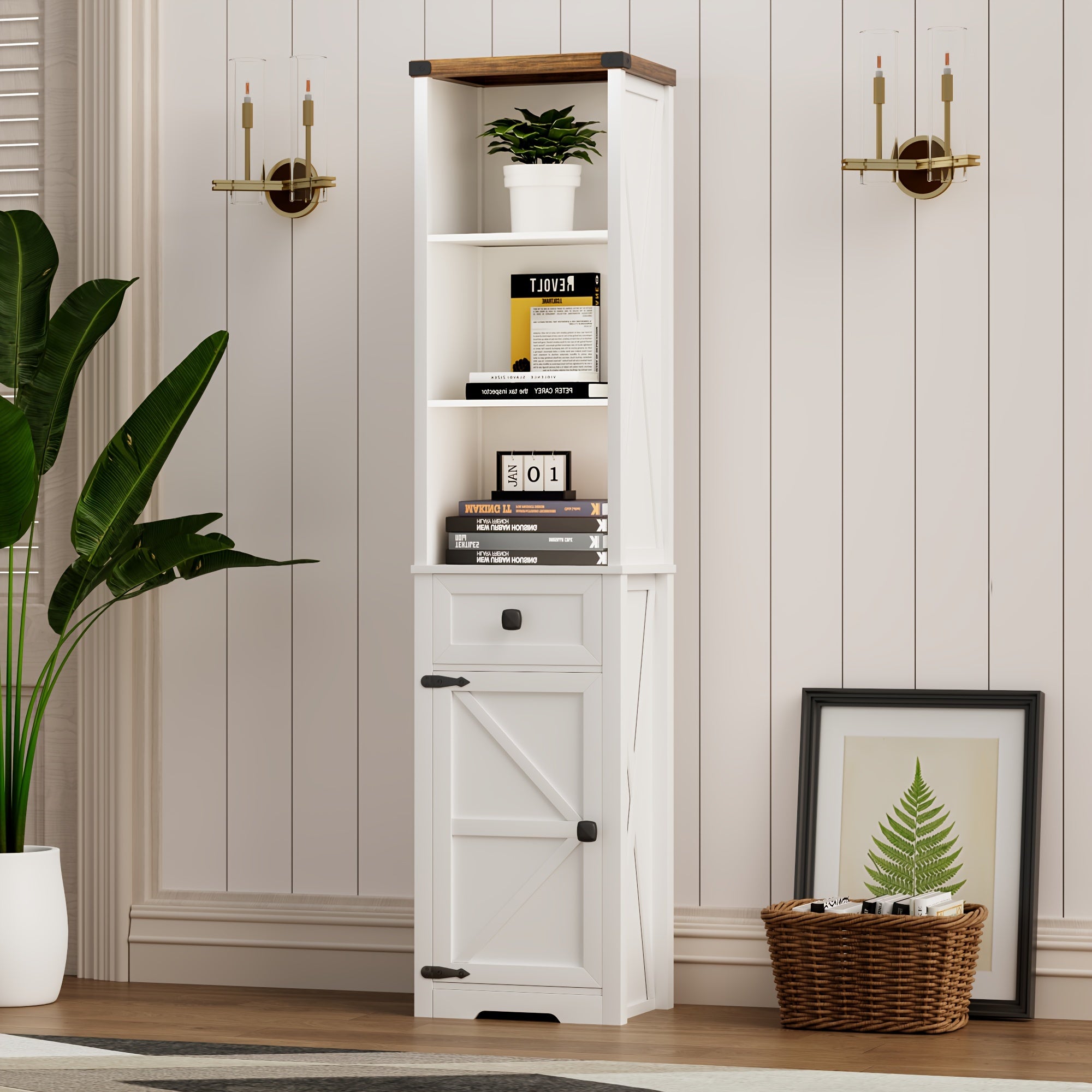HWB Furniture White Tall Narrow Bookshelf With Doors & Shelves & Drawer, Farmhouse Vintage Bookcases With Storage Cabinet, 16" W X 63" H X 12" D Wooden Book Case Display For Bedroom, Living Room, White