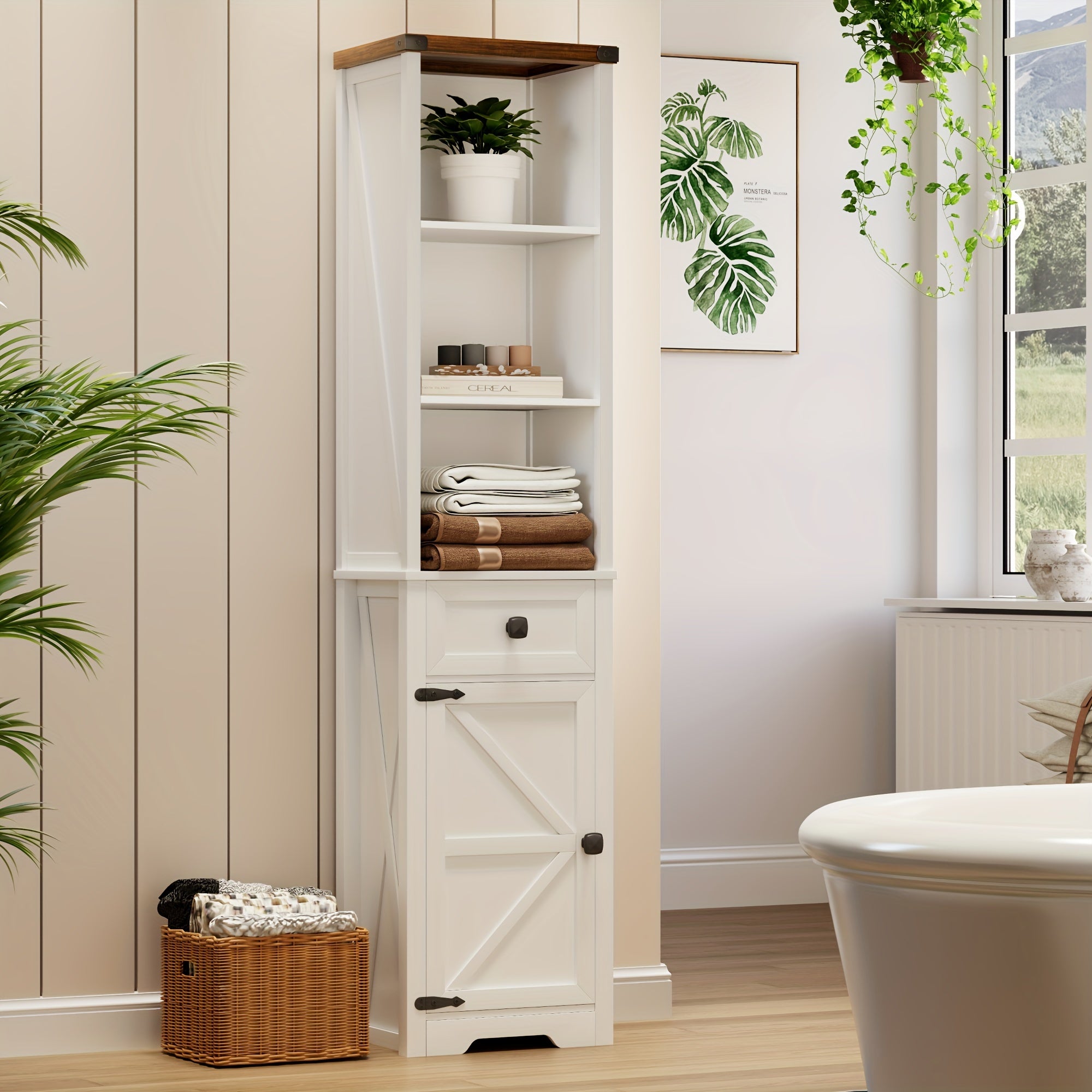 HWB Furniture White Tall Narrow Bookshelf With Doors & Shelves & Drawer, Farmhouse Vintage Bookcases With Storage Cabinet, 16" W X 63" H X 12" D Wooden Book Case Display For Bedroom, Living Room, White