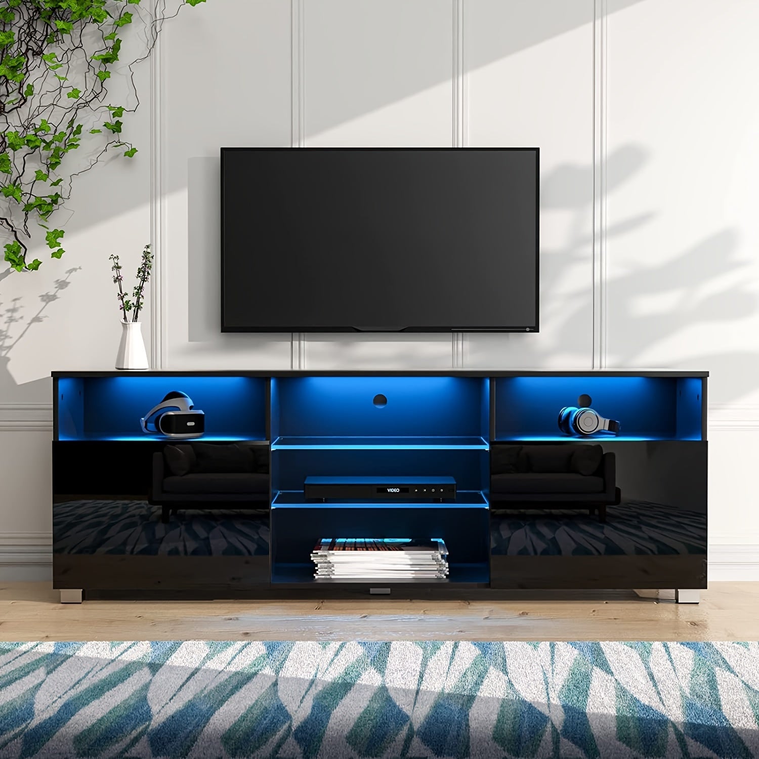 1pc High Glossy LED TV Stand For 55 65 Inch TV, Modern LED Entertainment Center With Adjustable Storage Shelves, Game Console TV Table Media Furniture With RGB LED 20 Color Lighting