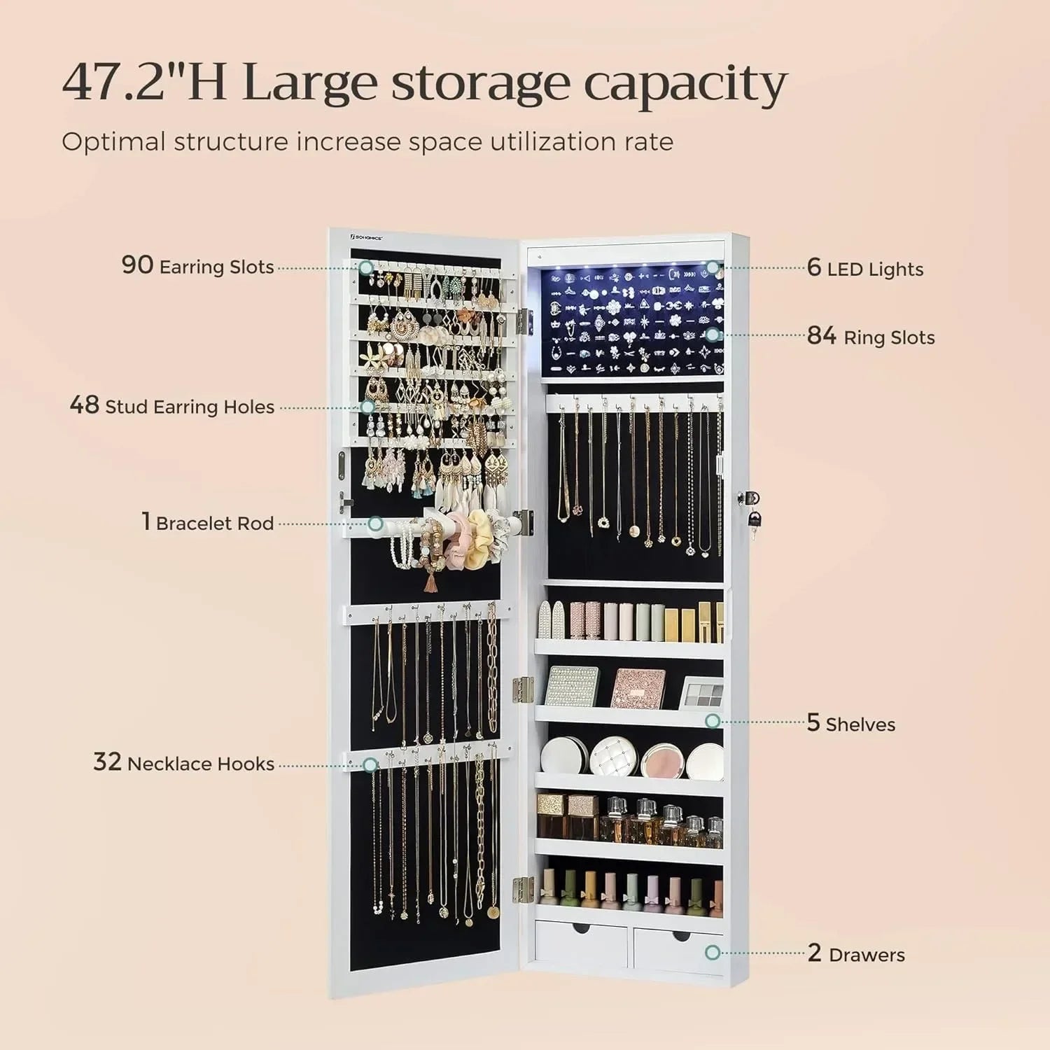 6 LEDs Mirror Jewelry Cabinet, 47.2-Inch Tall Lockable Wall or Door Mounted Jewelry Armoire Organizer with Mirror, 2 Drawers