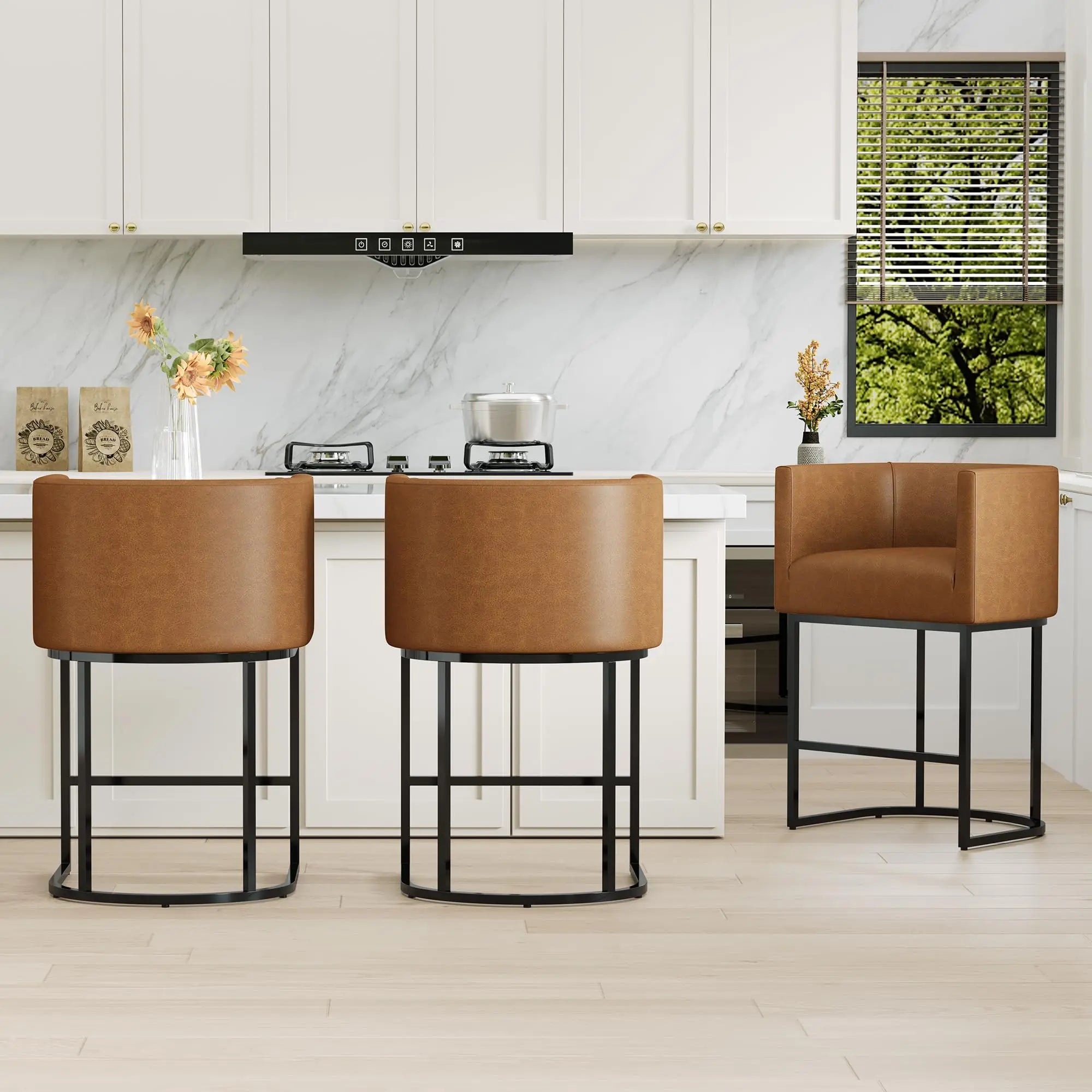 Hcore 26.4" H Counter Height Bar Stools Set of 2, Modern Barrel-Curved Counter Stools with Back and Arm, Upholstered Barstools