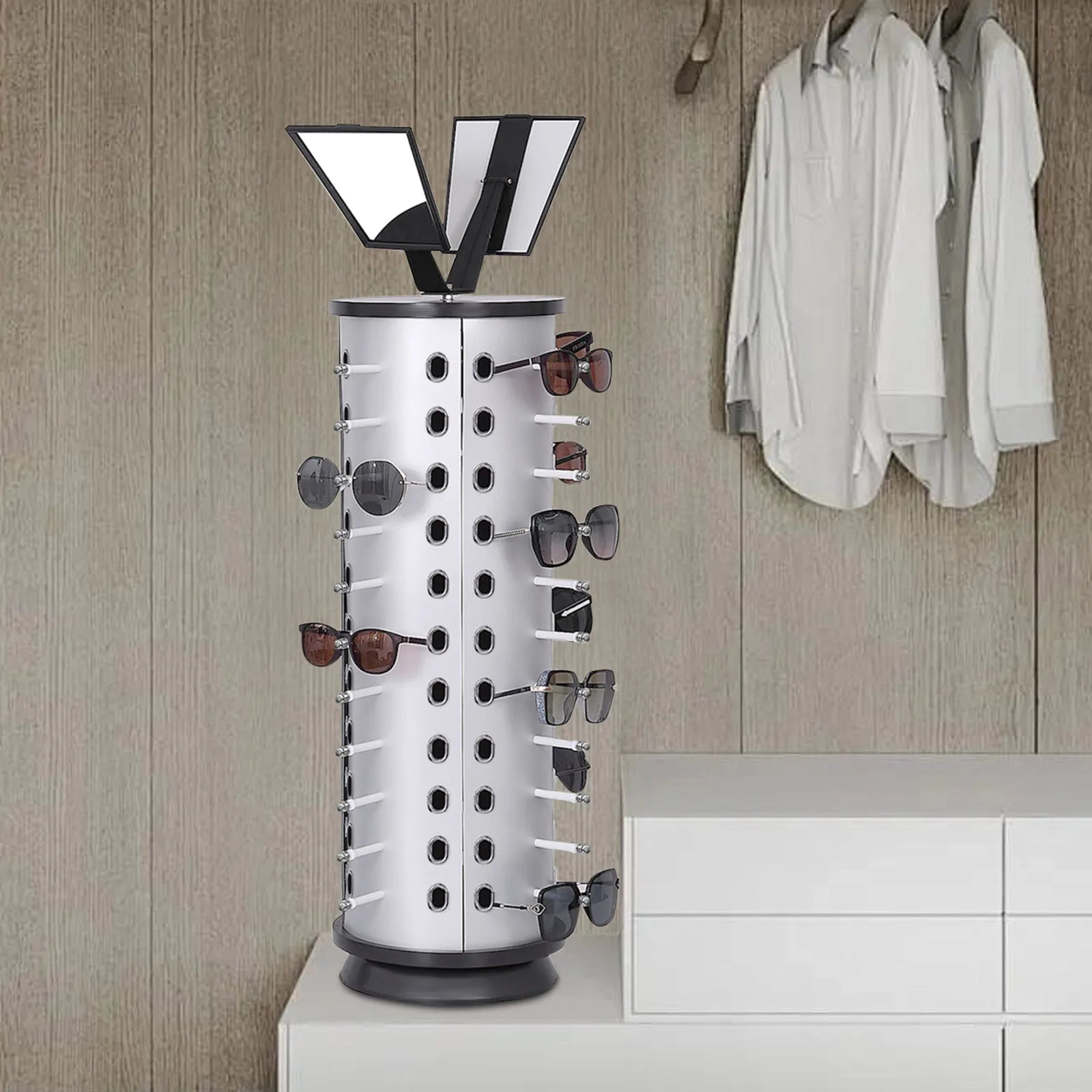 Bymaocar Sunglasses Display Rack 360° Rotating  44 Pieces + Mirror Spinning Stand Glass Holder Home Decor with Hooks and Holes