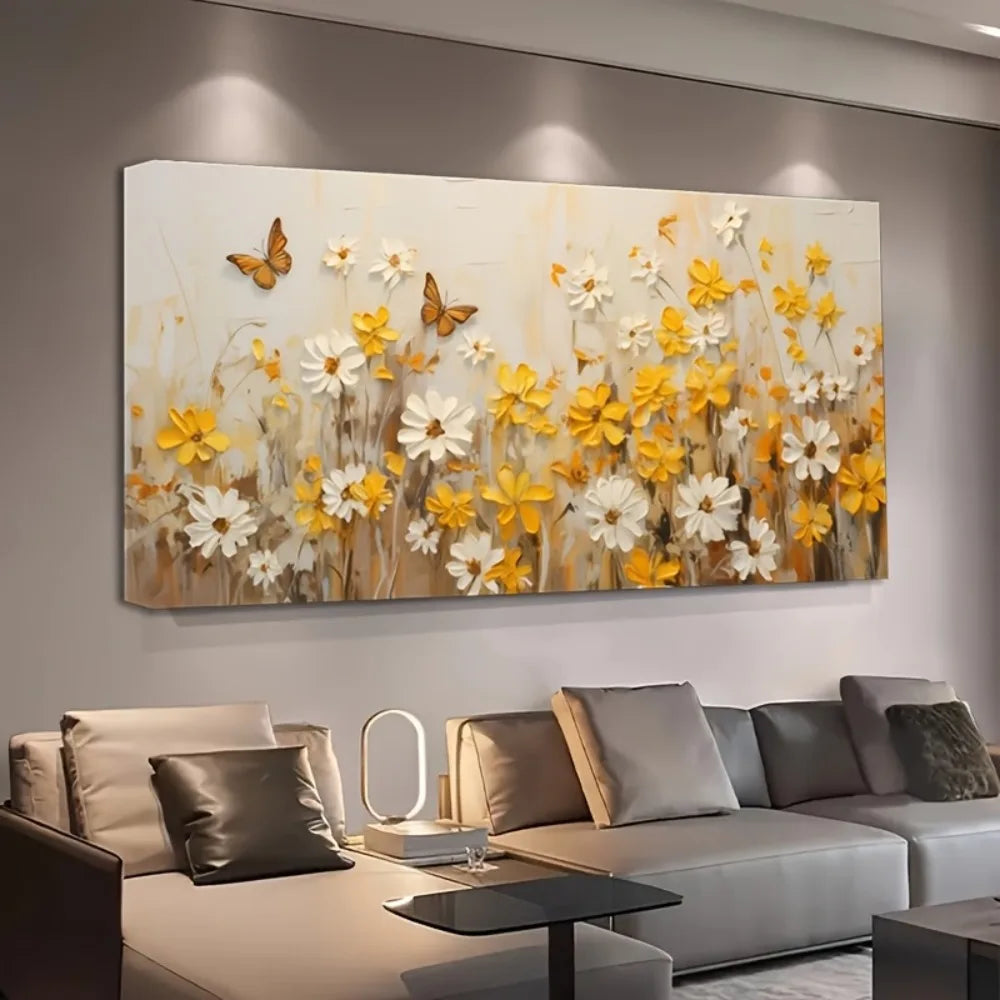 1pc modern abstract yellow wildflower canvas mural, suitable for interior, 1.5 inch thick pine solid wood frame