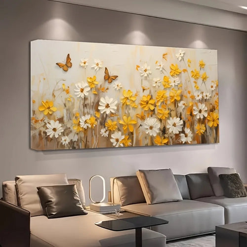 1pc modern abstract yellow wildflower canvas mural, suitable for interior, 1.5 inch thick pine solid wood frame