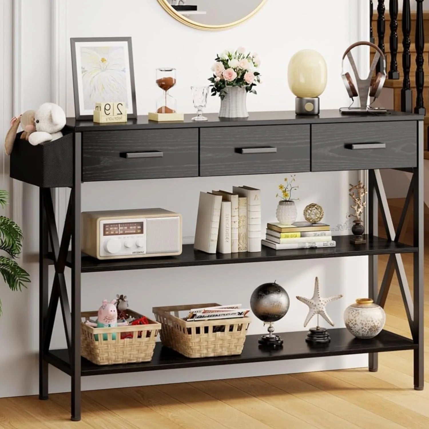 47" Console Table with 3 Drawers, Industrial Entryway Table with 3 Tier Storage Shelves, Narrow Long Sofa Table for Entry Way