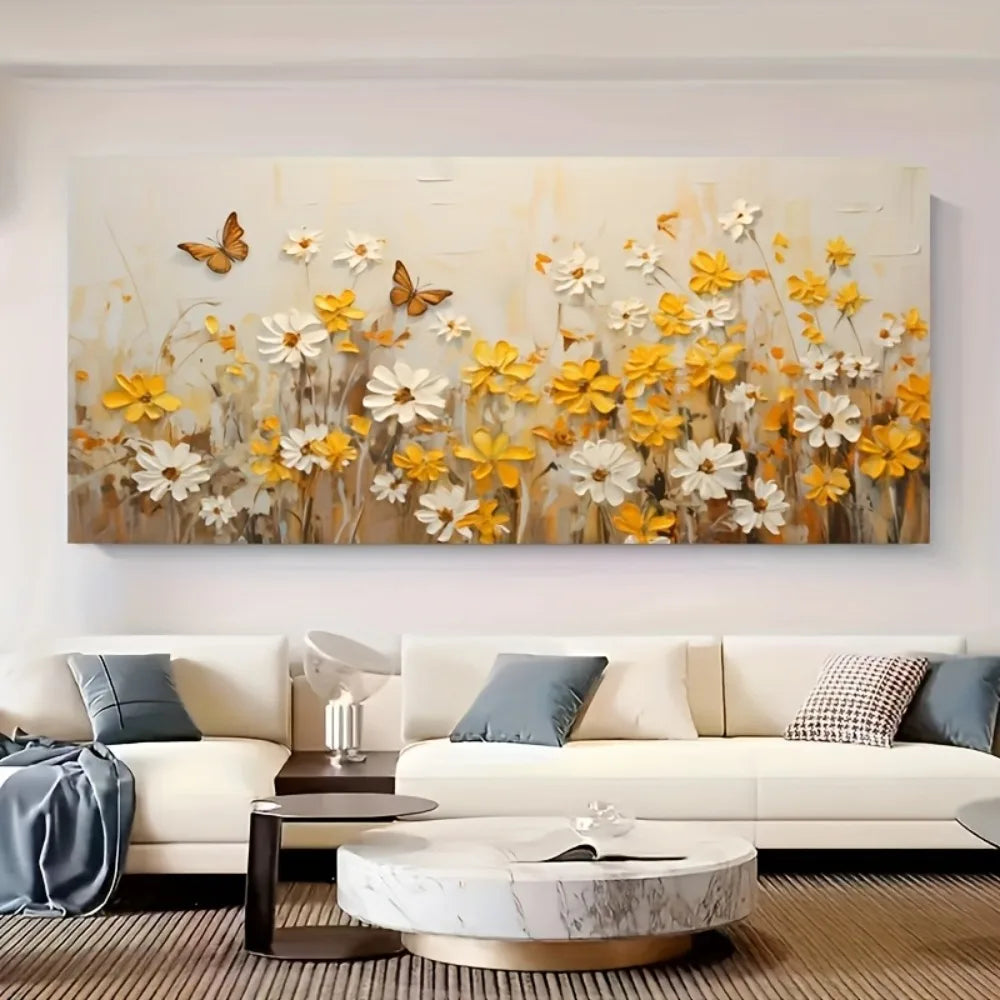 1pc modern abstract yellow wildflower canvas mural, suitable for interior, 1.5 inch thick pine solid wood frame