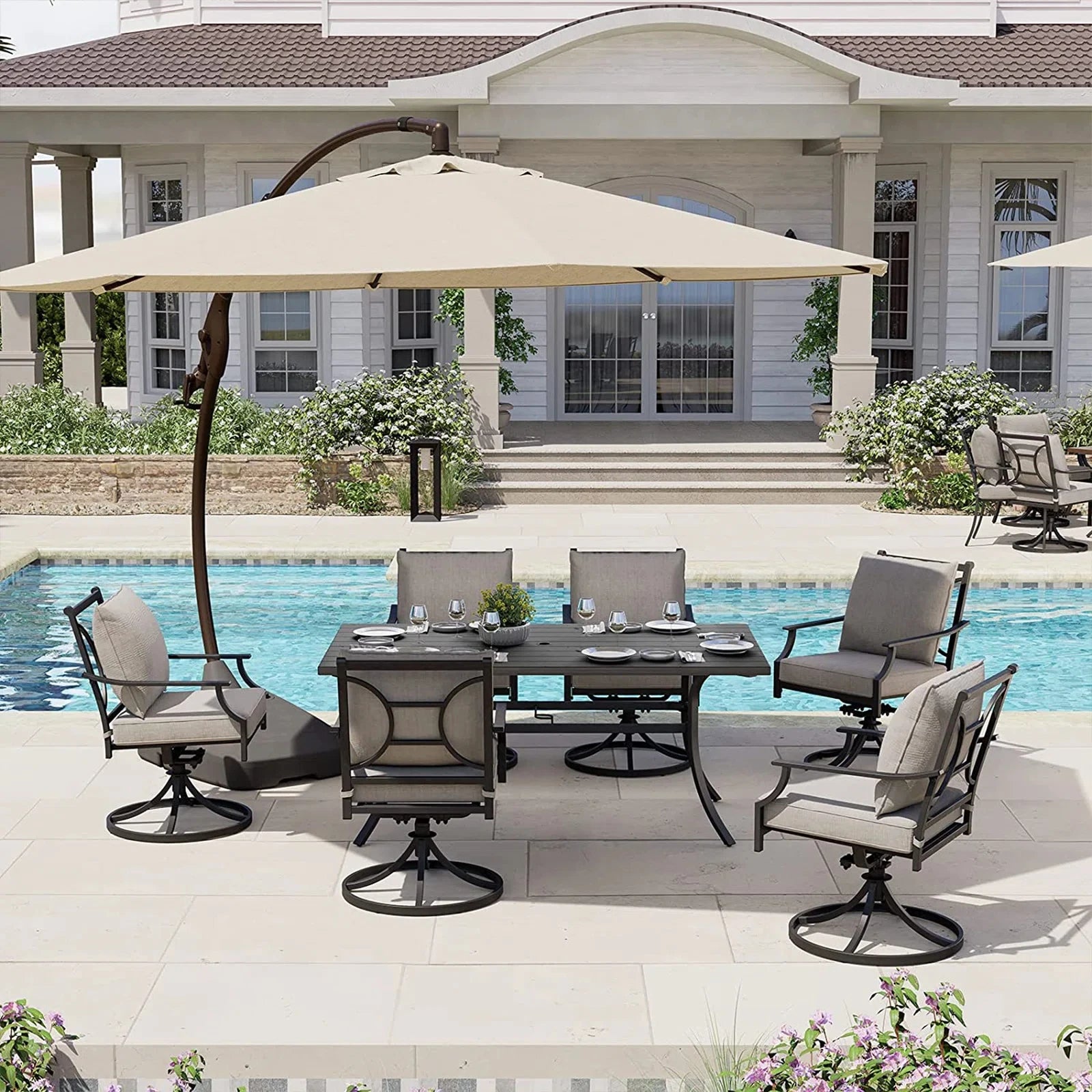 Patio Dining Set for 2, E-Coated Outdoor Dining Set, 2 Swivel Dining Chairs Outdoor Furniture Set with Olefin Cushions