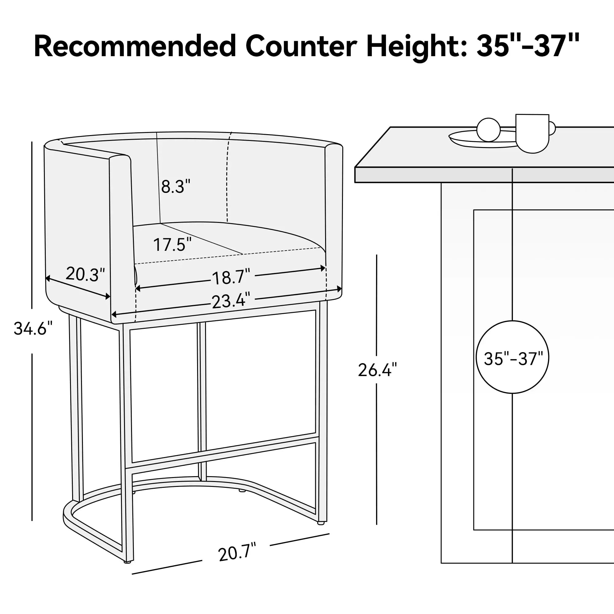 Hcore 26.4" H Counter Height Bar Stools Set of 2, Modern Barrel-Curved Counter Stools with Back and Arm, Upholstered Barstools