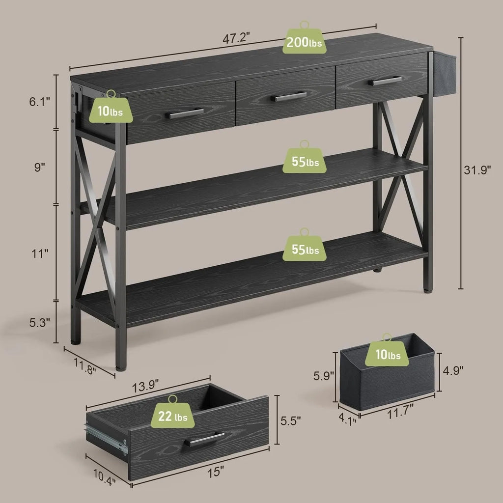 47" Console Table with 3 Drawers, Industrial Entryway Table with 3 Tier Storage Shelves, Narrow Long Sofa Table for Entry Way
