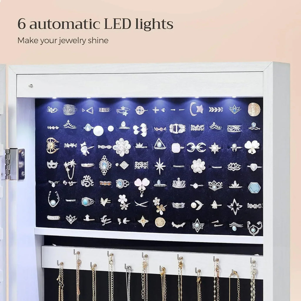 6 LEDs Mirror Jewelry Cabinet, 47.2-Inch Tall Lockable Wall or Door Mounted Jewelry Armoire Organizer with Mirror, 2 Drawers