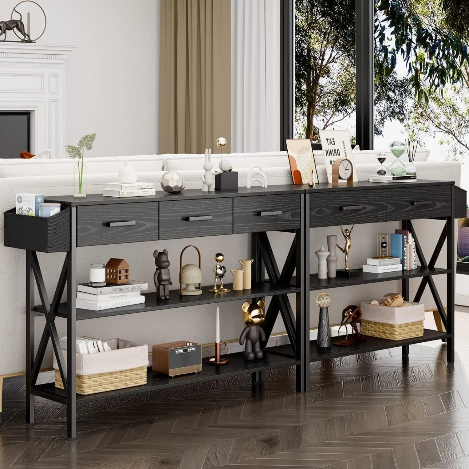 47" Console Table with 3 Drawers, Industrial Entryway Table with 3 Tier Storage Shelves, Narrow Long Sofa Table for Entry Way