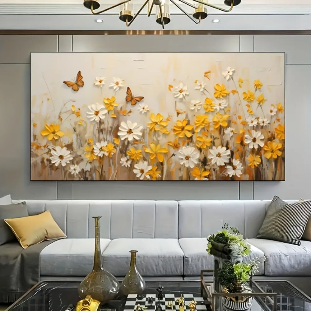 1pc modern abstract yellow wildflower canvas mural, suitable for interior, 1.5 inch thick pine solid wood frame