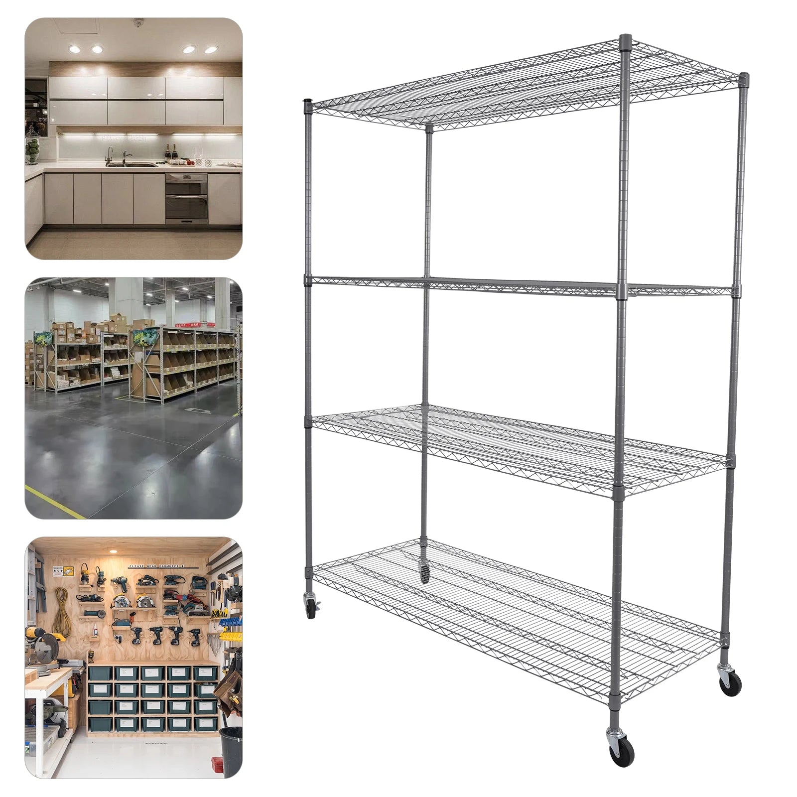 24*60*77in Adjustable Wire Shelving with Wheels, 4-Tier Adjustable Storage Rack for Commercial or Home Storage