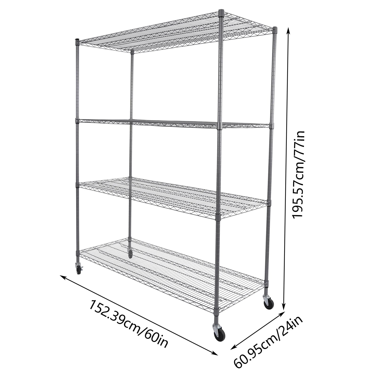 24*60*77in Adjustable Wire Shelving with Wheels, 4-Tier Adjustable Storage Rack for Commercial or Home Storage
