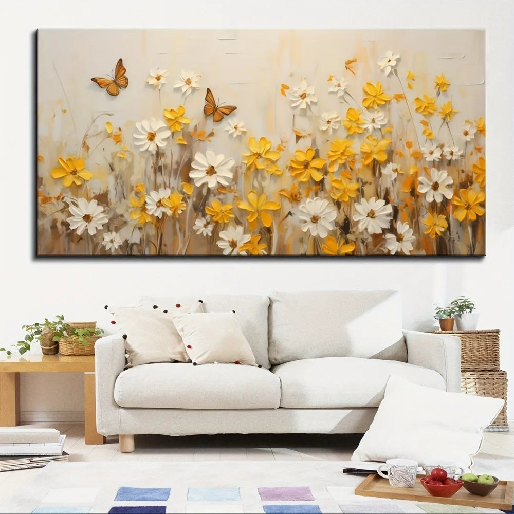 1pc modern abstract yellow wildflower canvas mural, suitable for interior, 1.5 inch thick pine solid wood frame