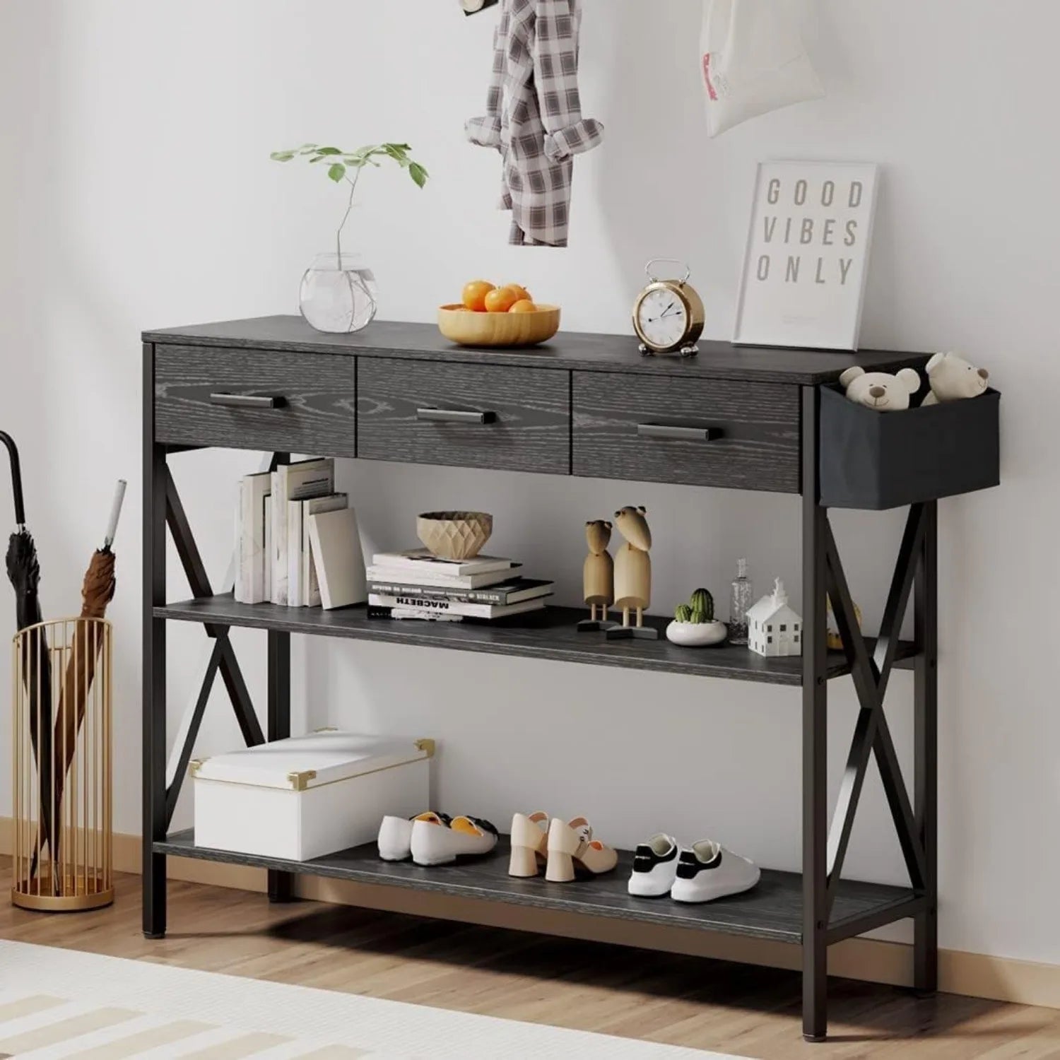 47" Console Table with 3 Drawers, Industrial Entryway Table with 3 Tier Storage Shelves, Narrow Long Sofa Table for Entry Way