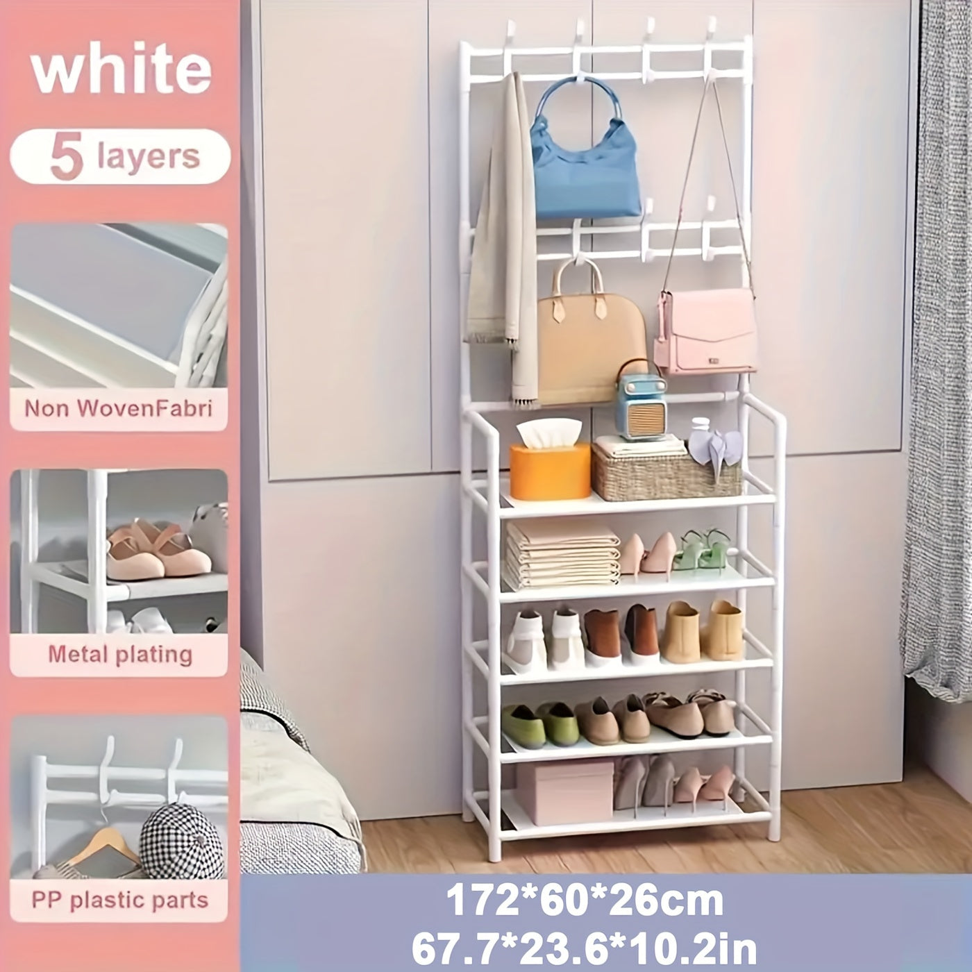 2-in-1 Entryway Organizer with 8 Double Hooks -: Shoe Rack & Coat Hanger Combo with Hooks, Durable Plastic/Metal Freestanding Storage for Shoes, Clothes, Bags, Hats - Space-Saving Black Home Furniture for Bedroom, Hallway, Sh