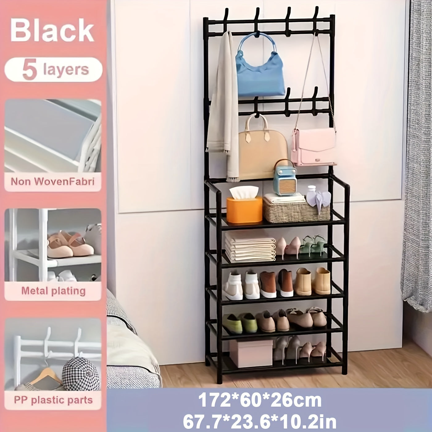 2-in-1 Entryway Organizer with 8 Double Hooks -: Shoe Rack & Coat Hanger Combo with Hooks, Durable Plastic/Metal Freestanding Storage for Shoes, Clothes, Bags, Hats - Space-Saving Black Home Furniture for Bedroom, Hallway, Sh
