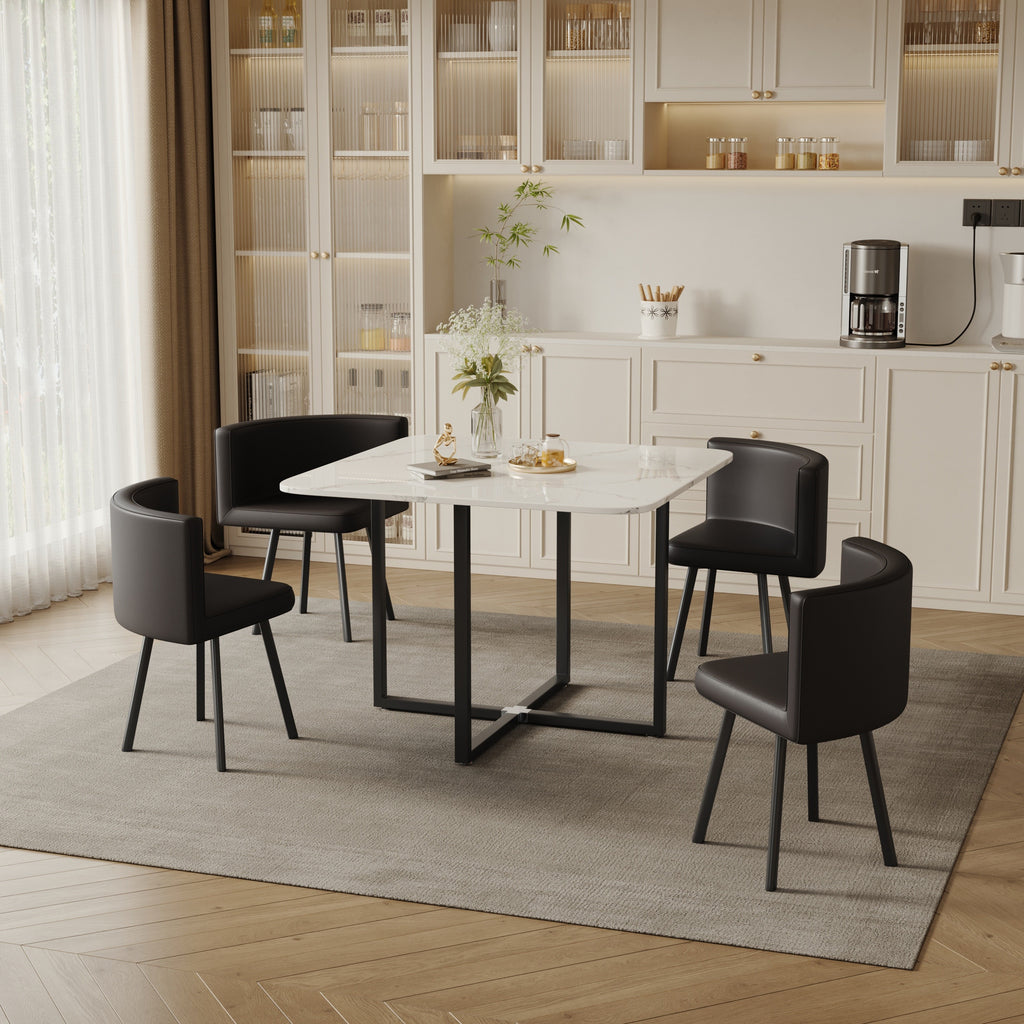 5-Piece Modern Square Dining Set - Tables with 39.4-inch White Imitation Marble Top and 4 Black PU Leather Chairs - Space-Saving Furniture for Compact Dining Rooms