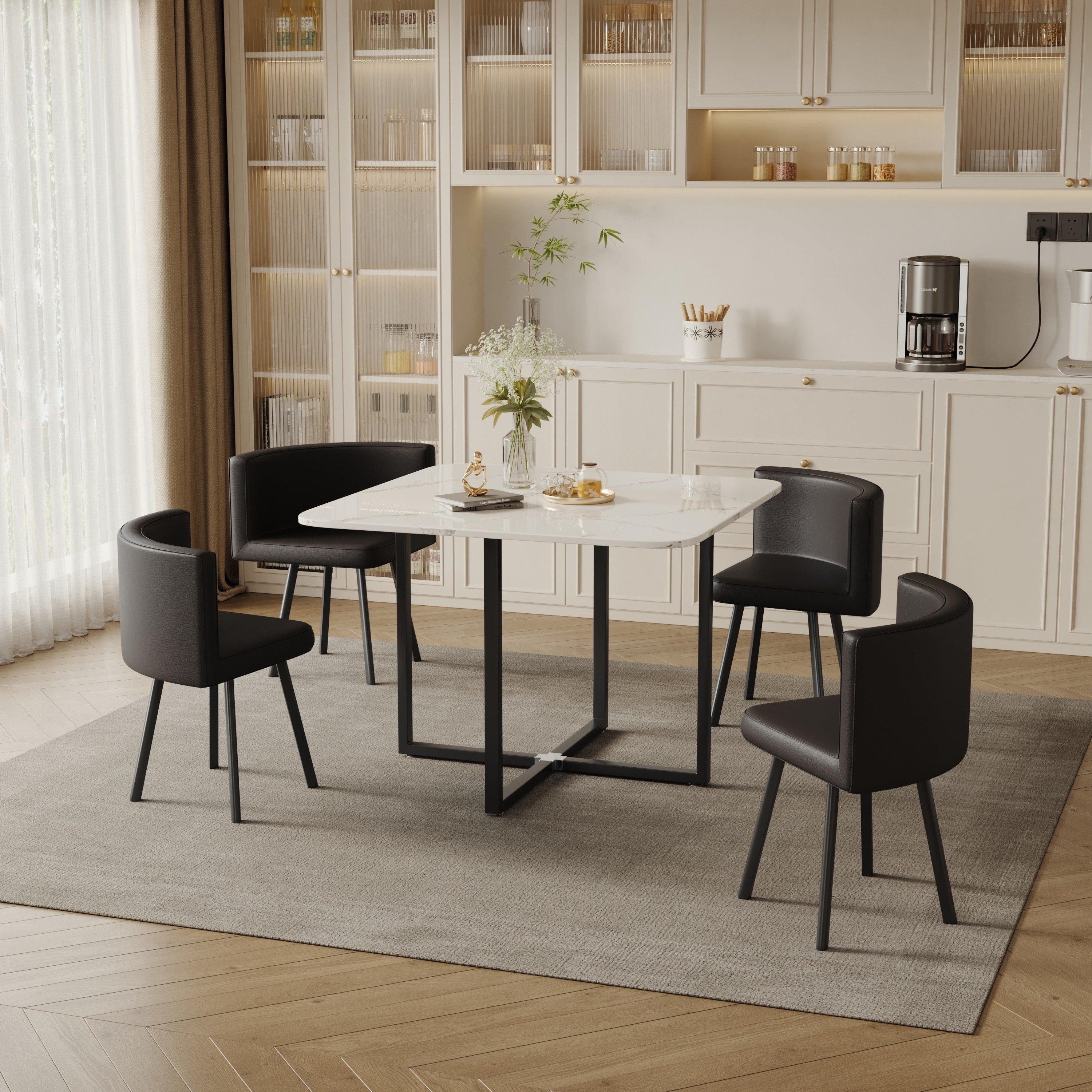 5-Piece Modern Square Dining Set - Tables with 39.4-inch White Imitation Marble Top and 4 Black PU Leather Chairs - Space-Saving Furniture for Compact Dining Rooms
