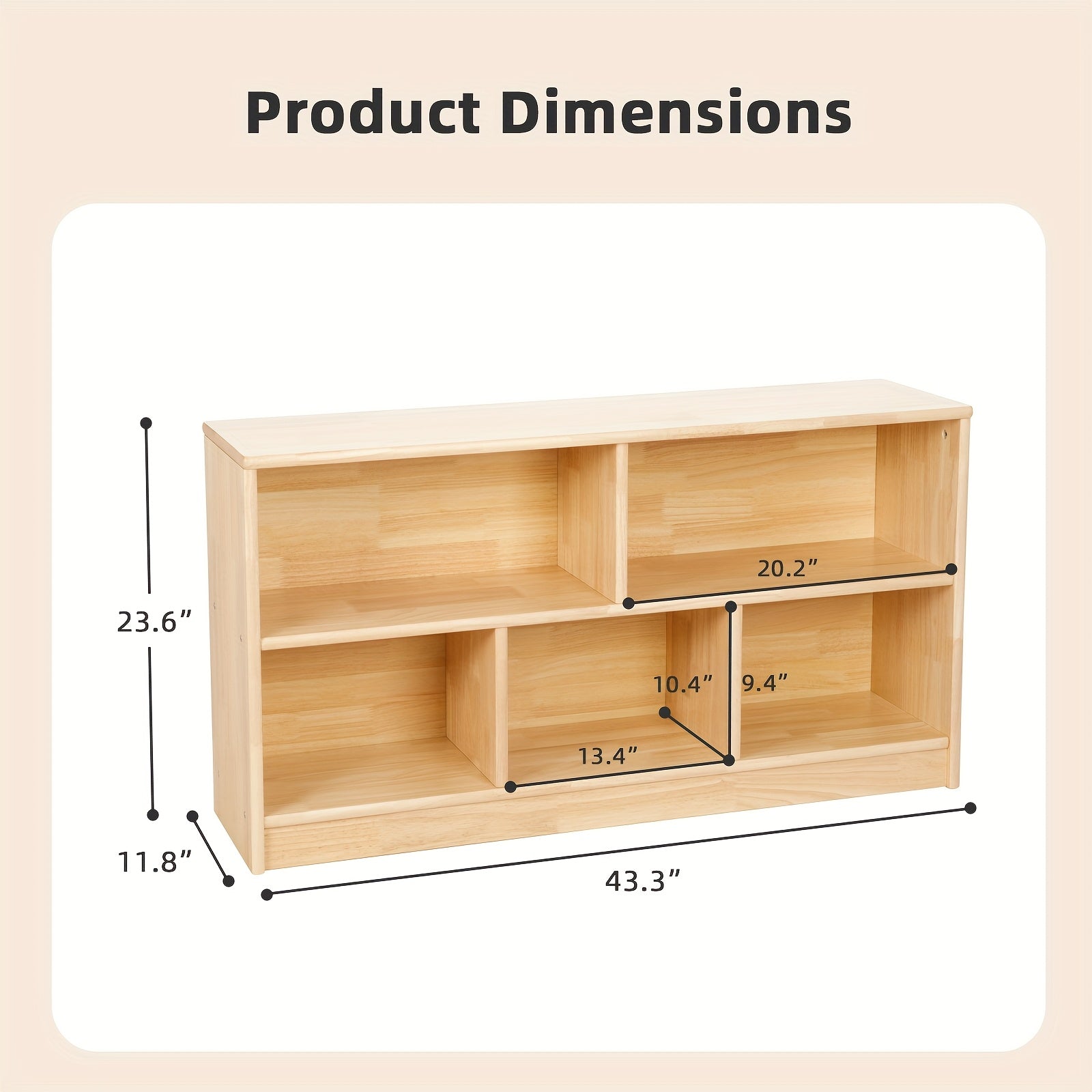 All Solid Rubber Wood Shelf - 5-Compartment 43.3" Long White Oak Storage Cabinet, Natural Yellow Finish for Playroom, Nursery, Classroom & Kindergarten Organization, Neutral Tone Furniture, Sturdy Construction for Christmas a