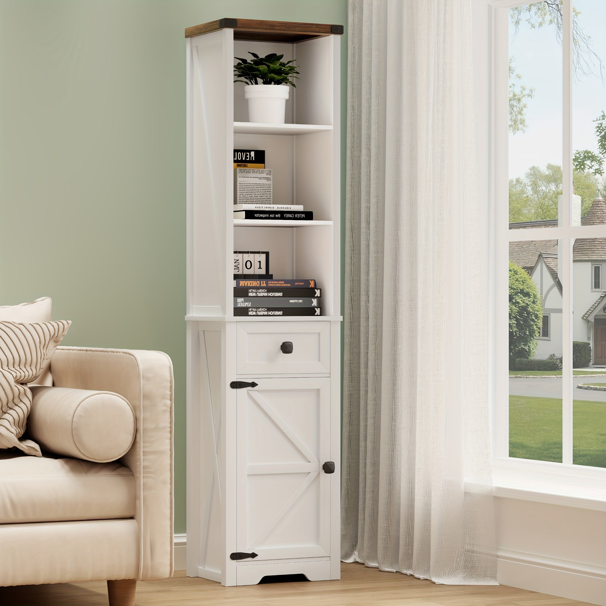 HWB Furniture White Tall Narrow Bookshelf With Doors & Shelves & Drawer, Farmhouse Vintage Bookcases With Storage Cabinet, 16" W X 63" H X 12" D Wooden Book Case Display For Bedroom, Living Room, White